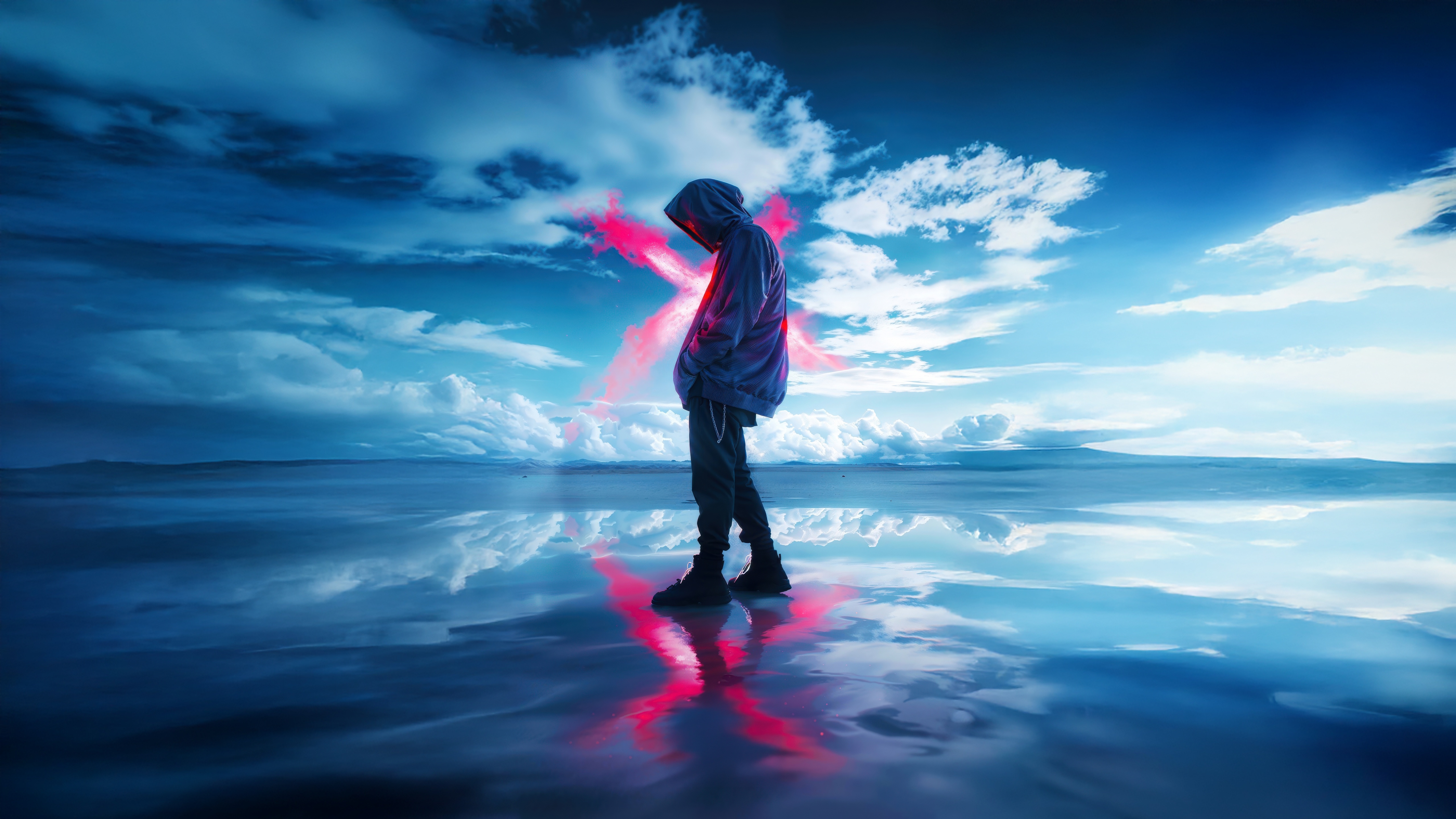 Person with red glow standing on reflective surface HD Wallpaper