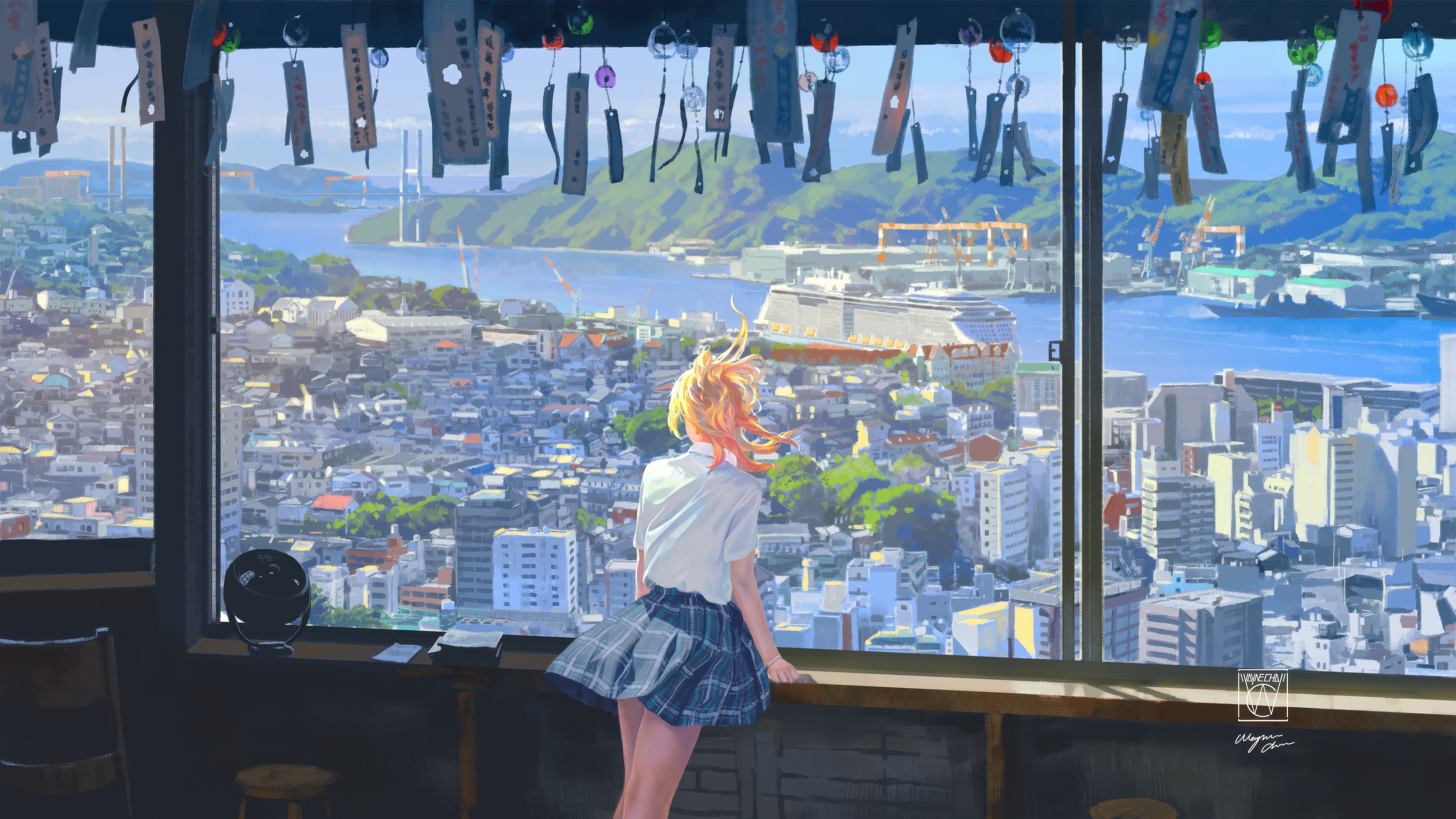 Anime girl with long blonde hair looking out window at city HD Wallpaper