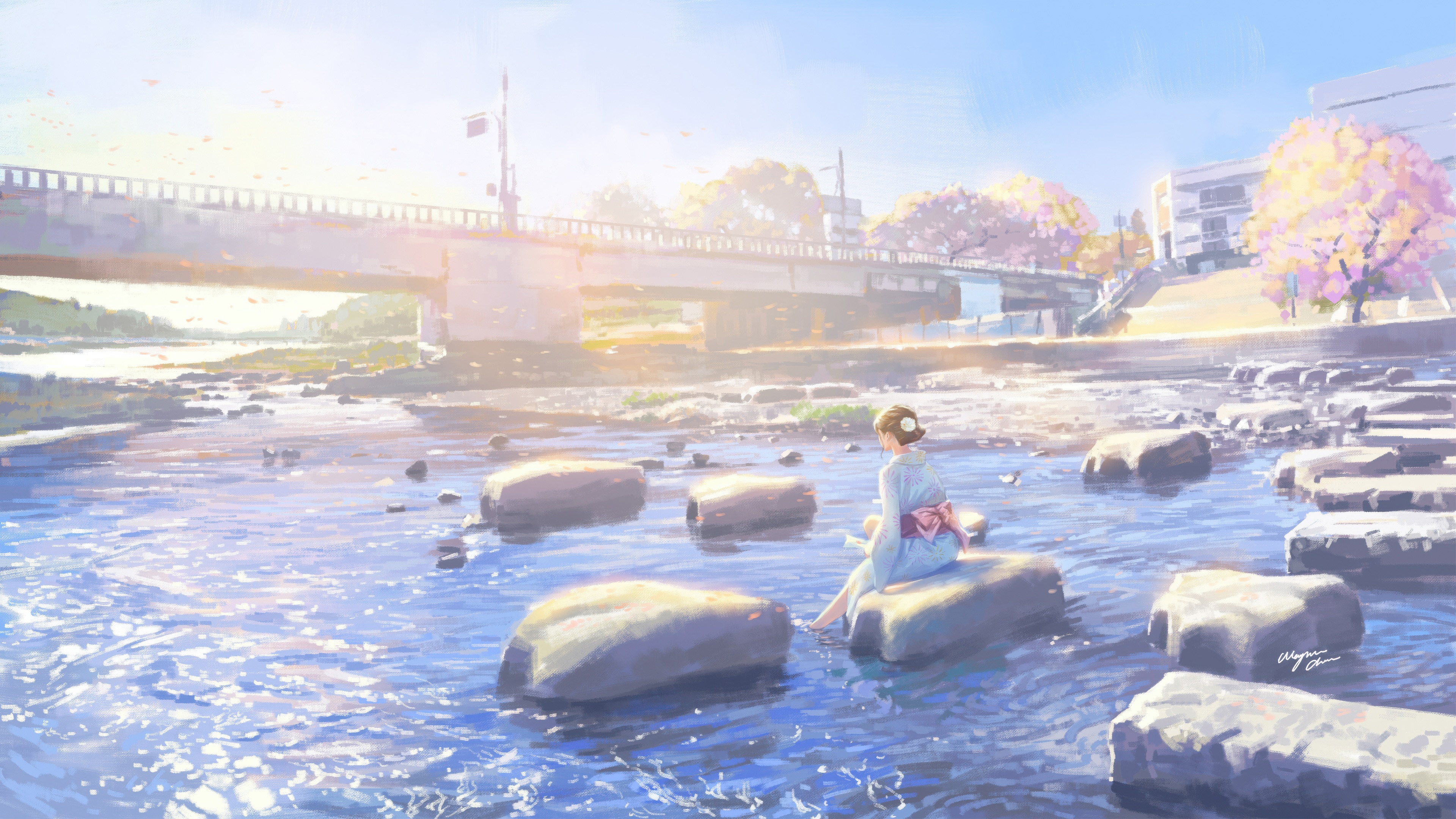 Girl in Kimono Sitting on Rocks in a River HD Wallpaper
