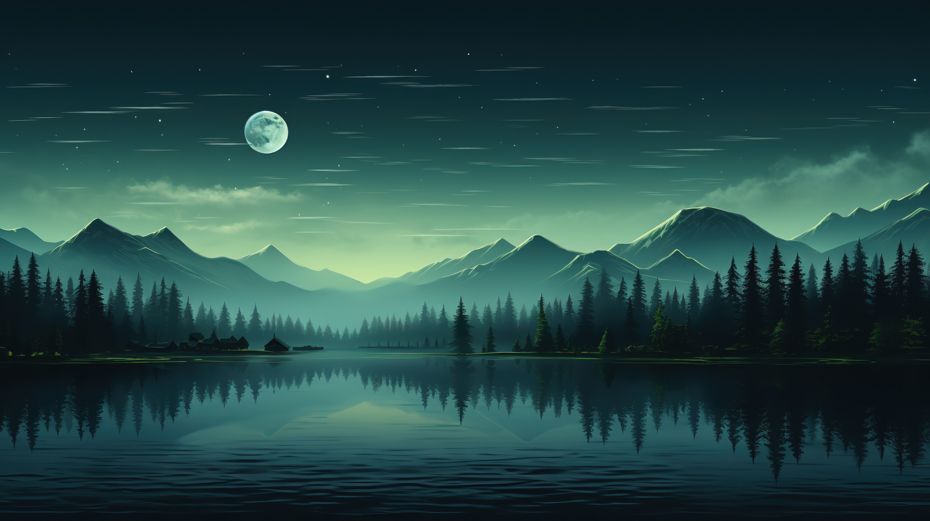 Moonlit Mountain Lake with Forest and Stars HD Wallpaper