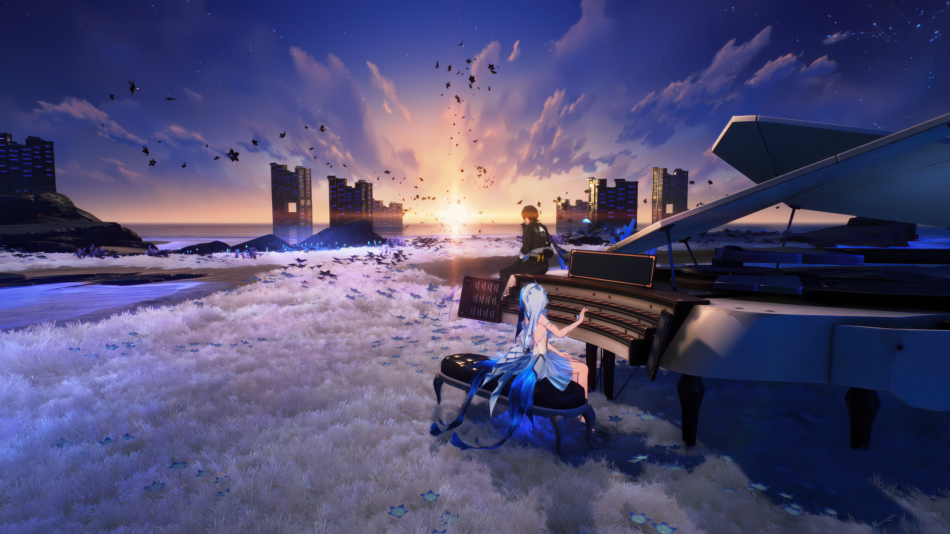 Wuthering Waves: Rover and companion by a piano HD Wallpaper