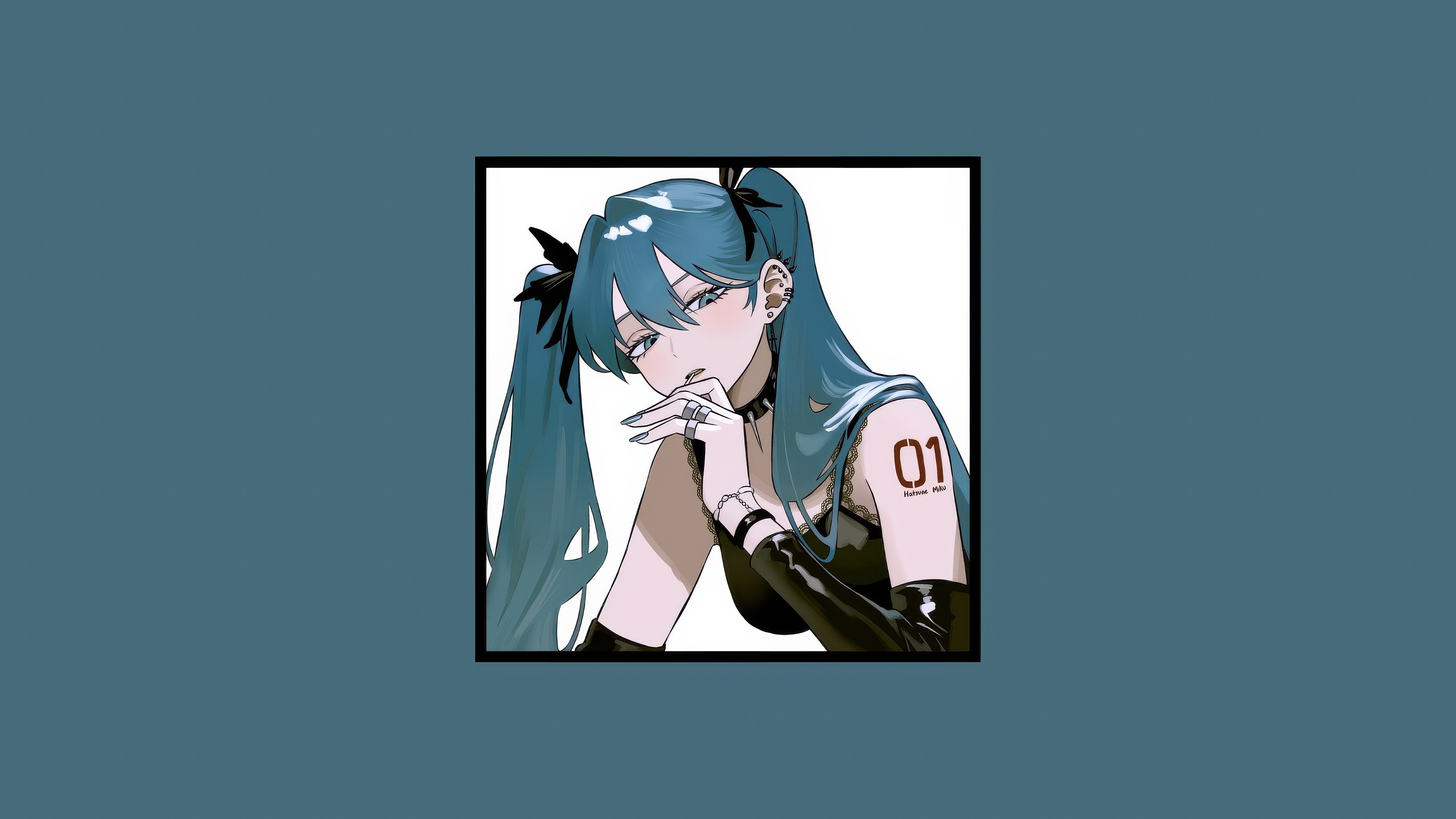 Hatsune Miku with blue twintails and number 01 tattoo HD Wallpaper