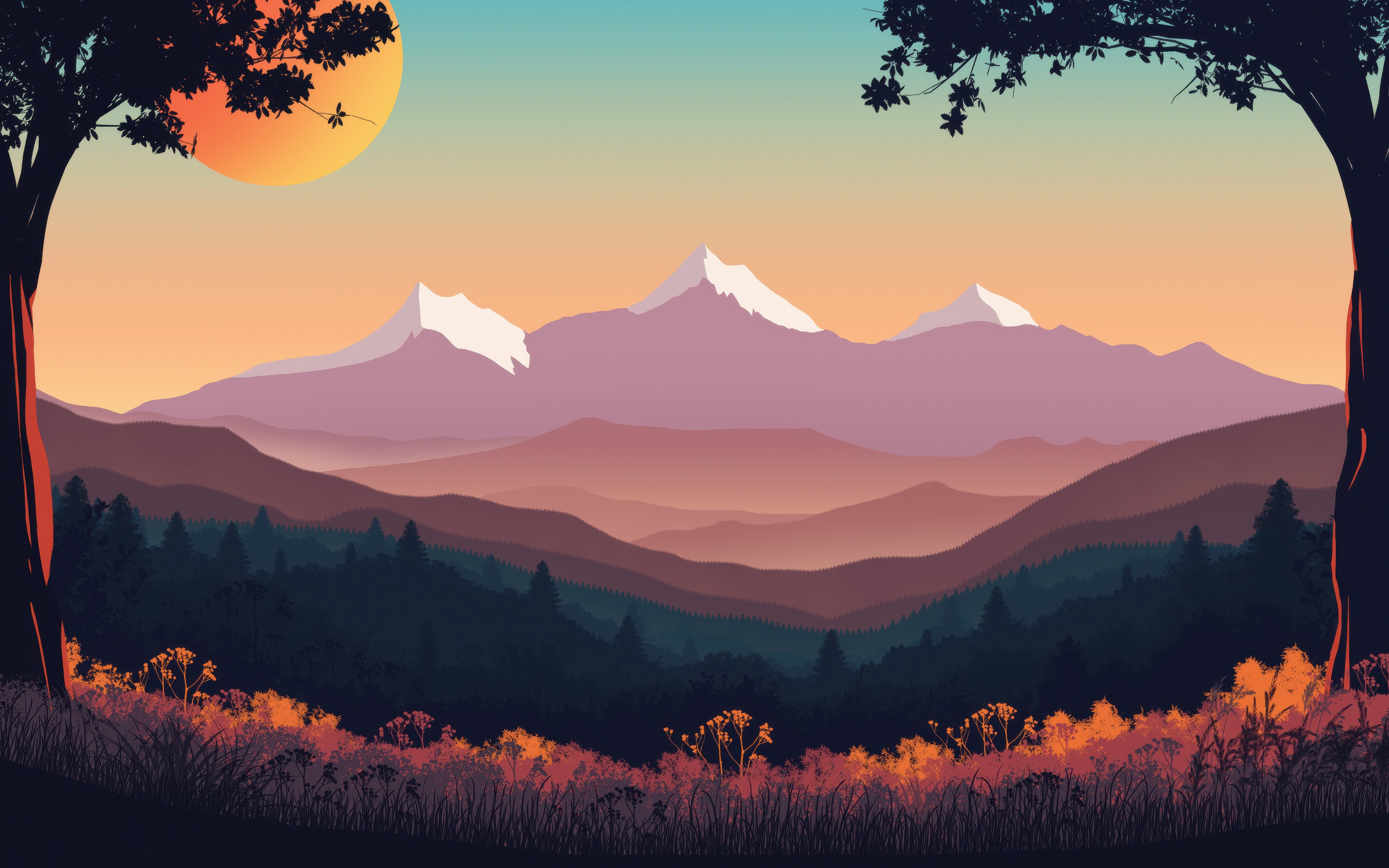 Sunrise over layered mountains with trees and flowers HD Wallpaper