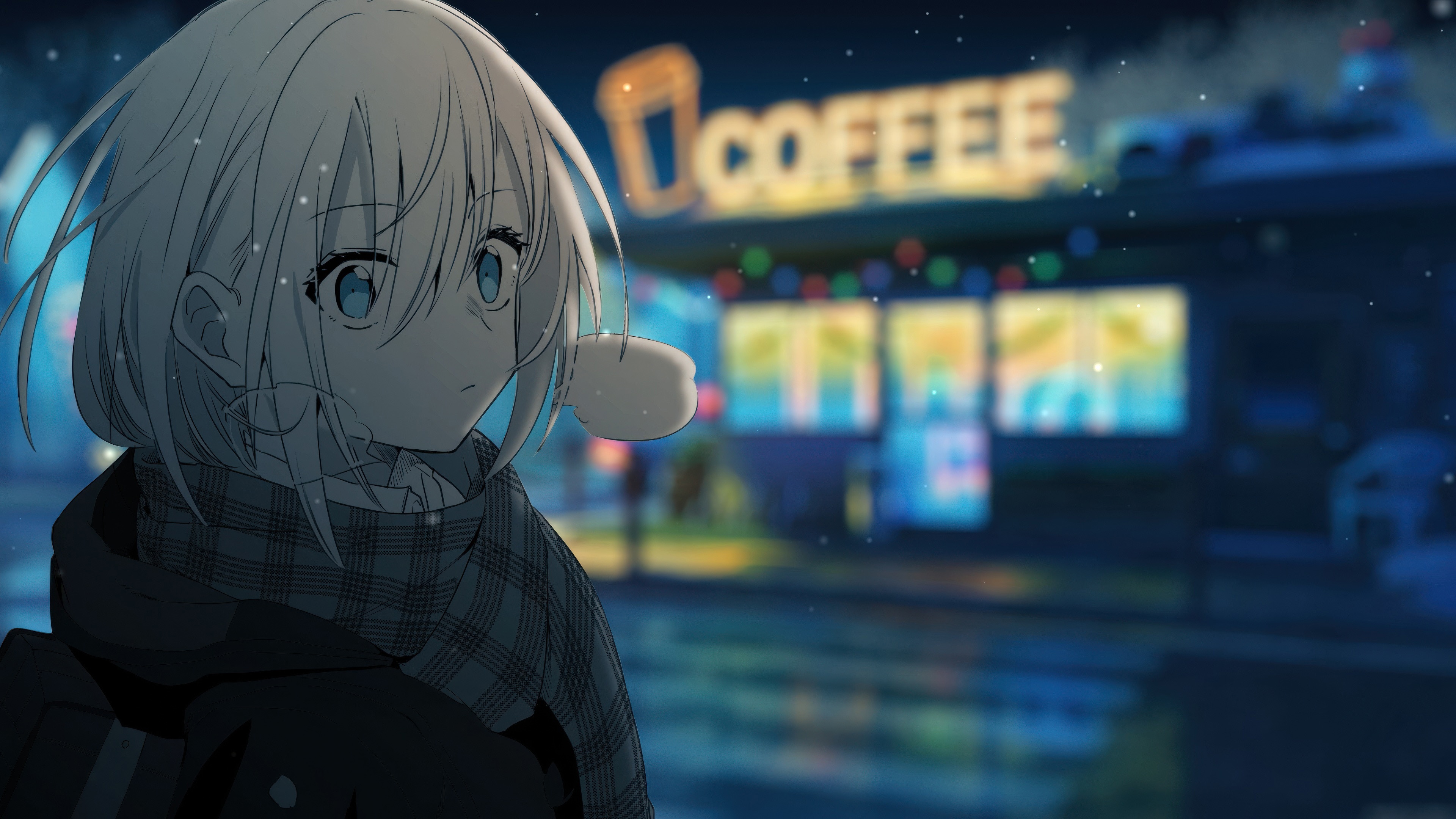 Anime girl in front of a coffee shop at night HD Wallpaper