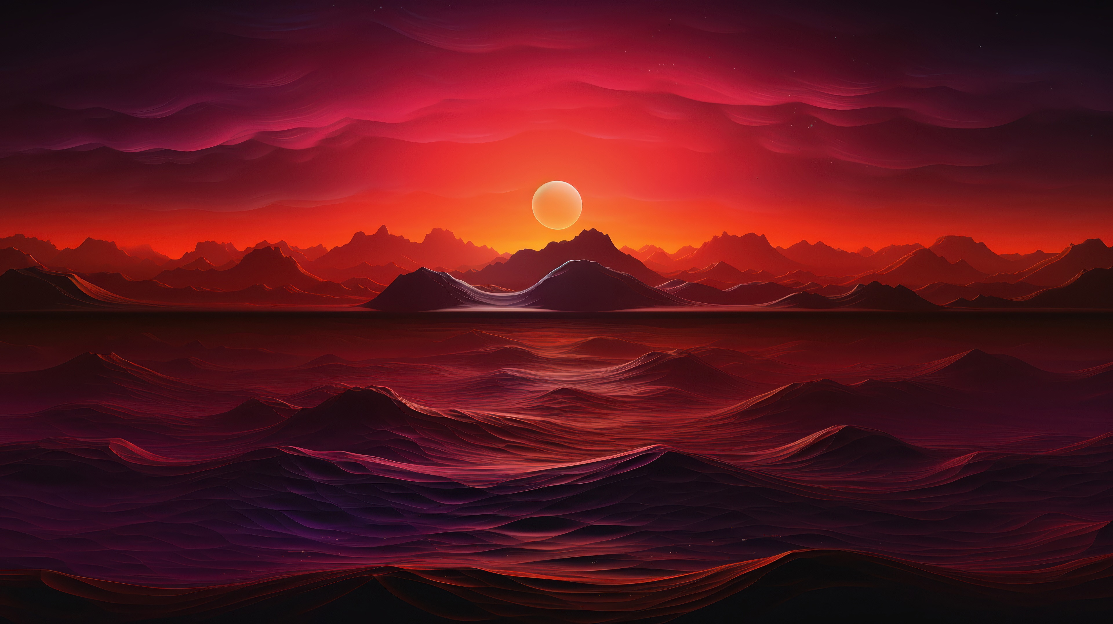 Crimson Sunrise Over a Distant Mountain Range and Ocean HD Wallpaper
