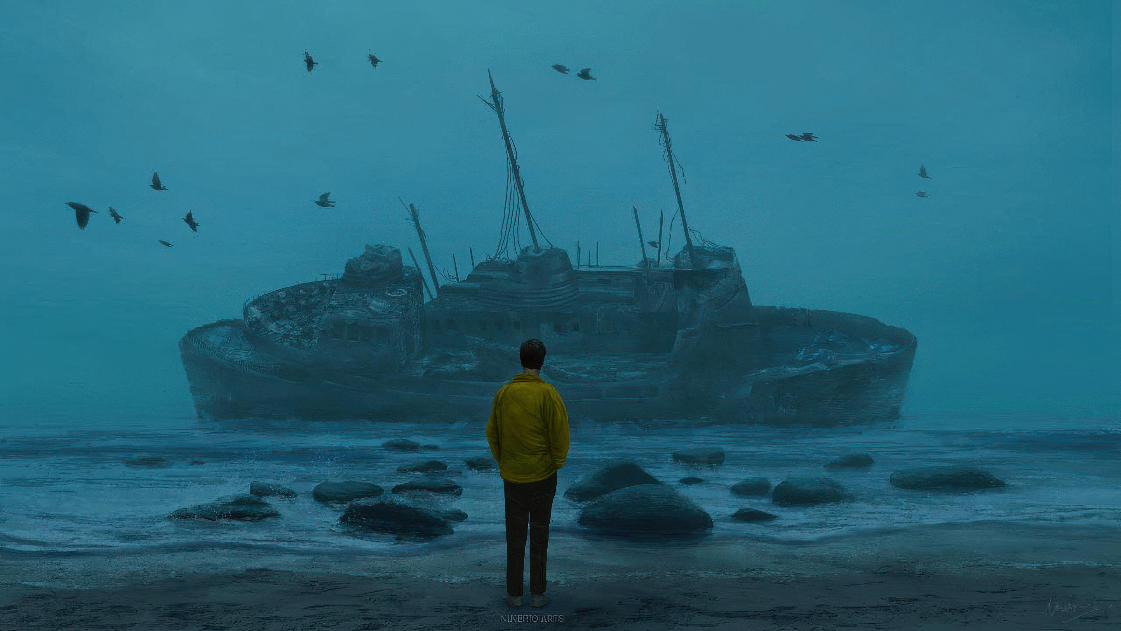 A person in a yellow jacket looks at a wrecked ship HD Wallpaper