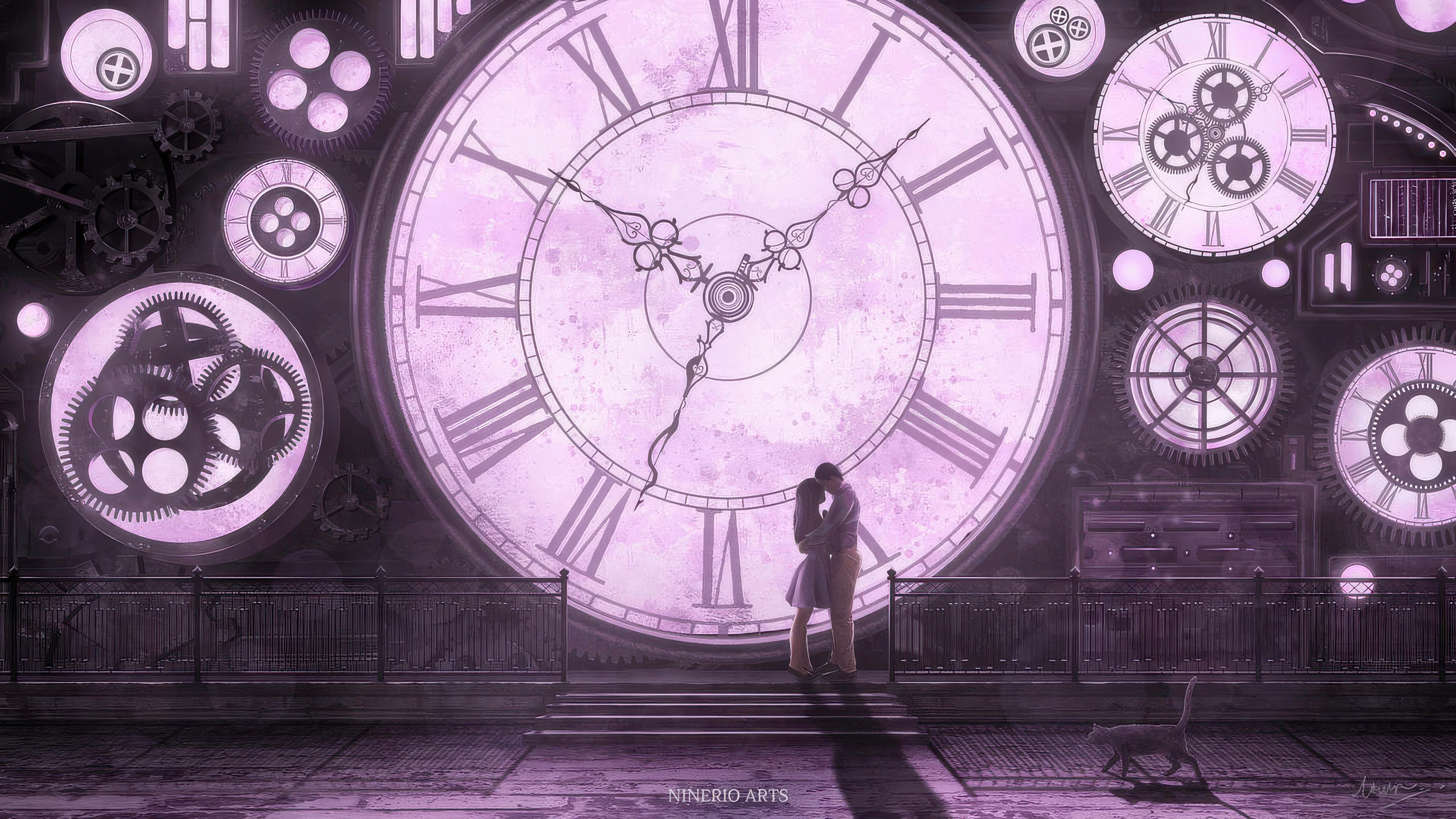 Couple Embracing in Front of a Steampunk Clock HD Wallpaper