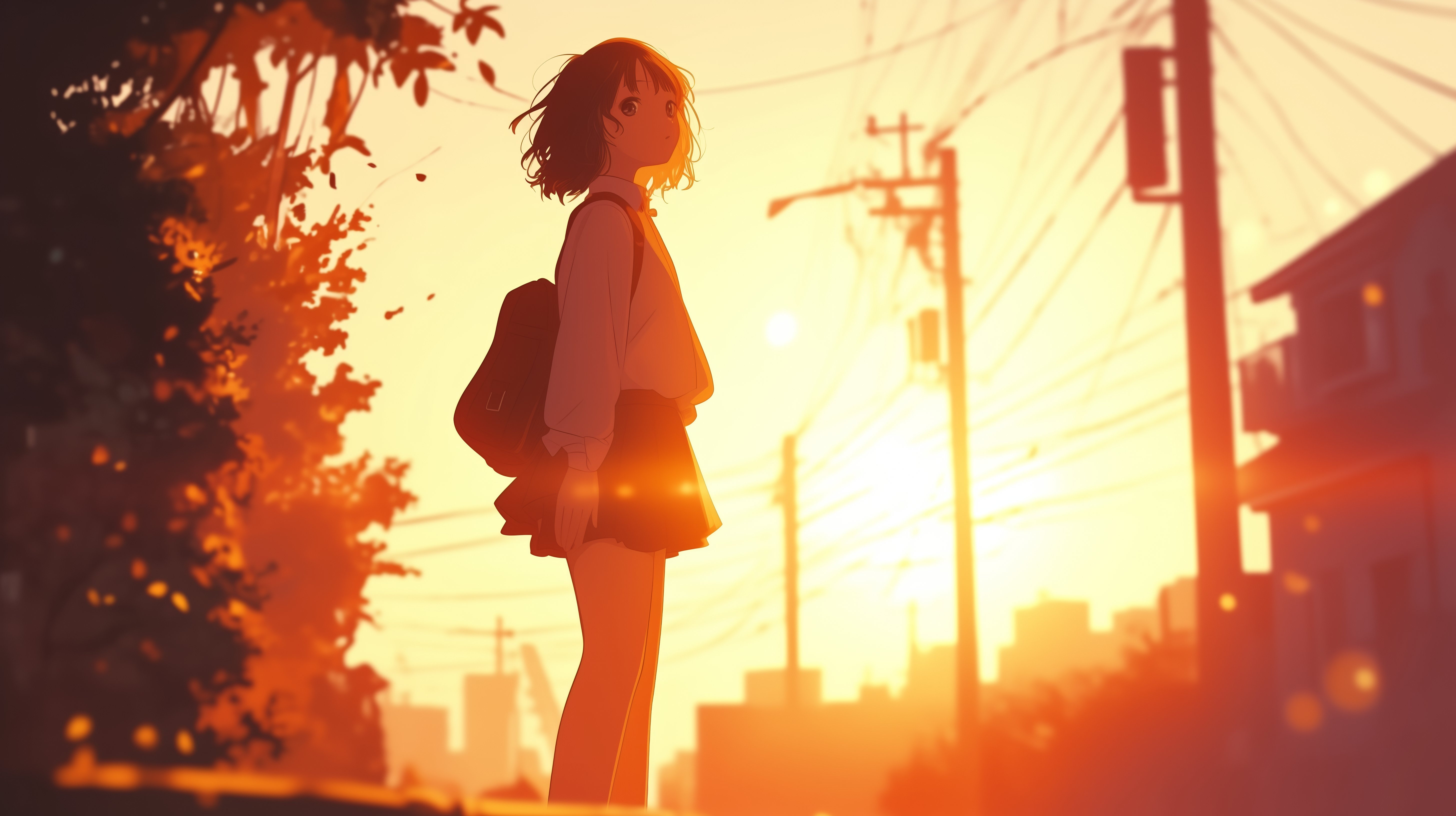 Anime girl with backpack on street at sunrise HD Wallpaper