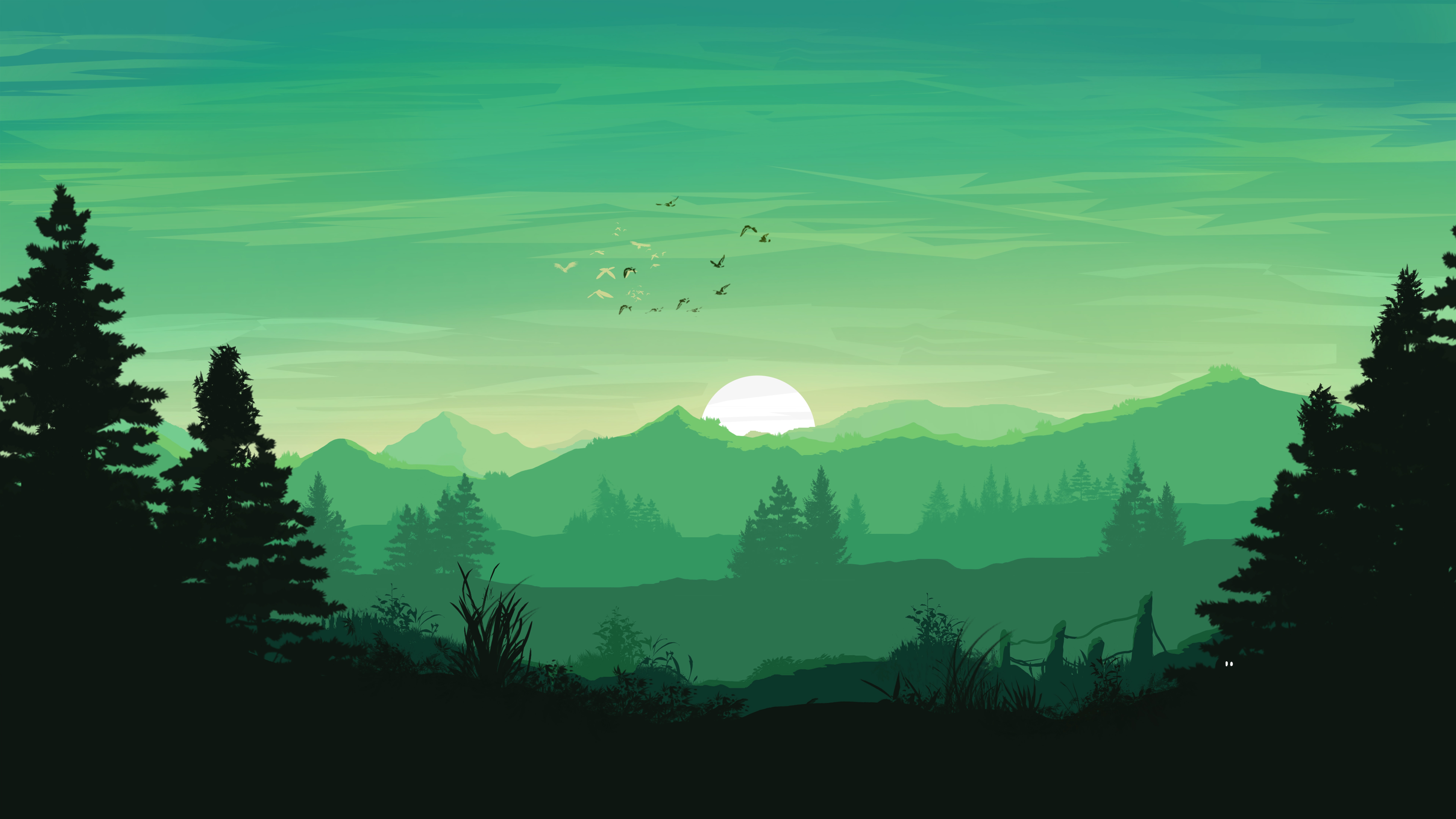 Minimalist Landscape with Sun and Mountains HD Wallpaper
