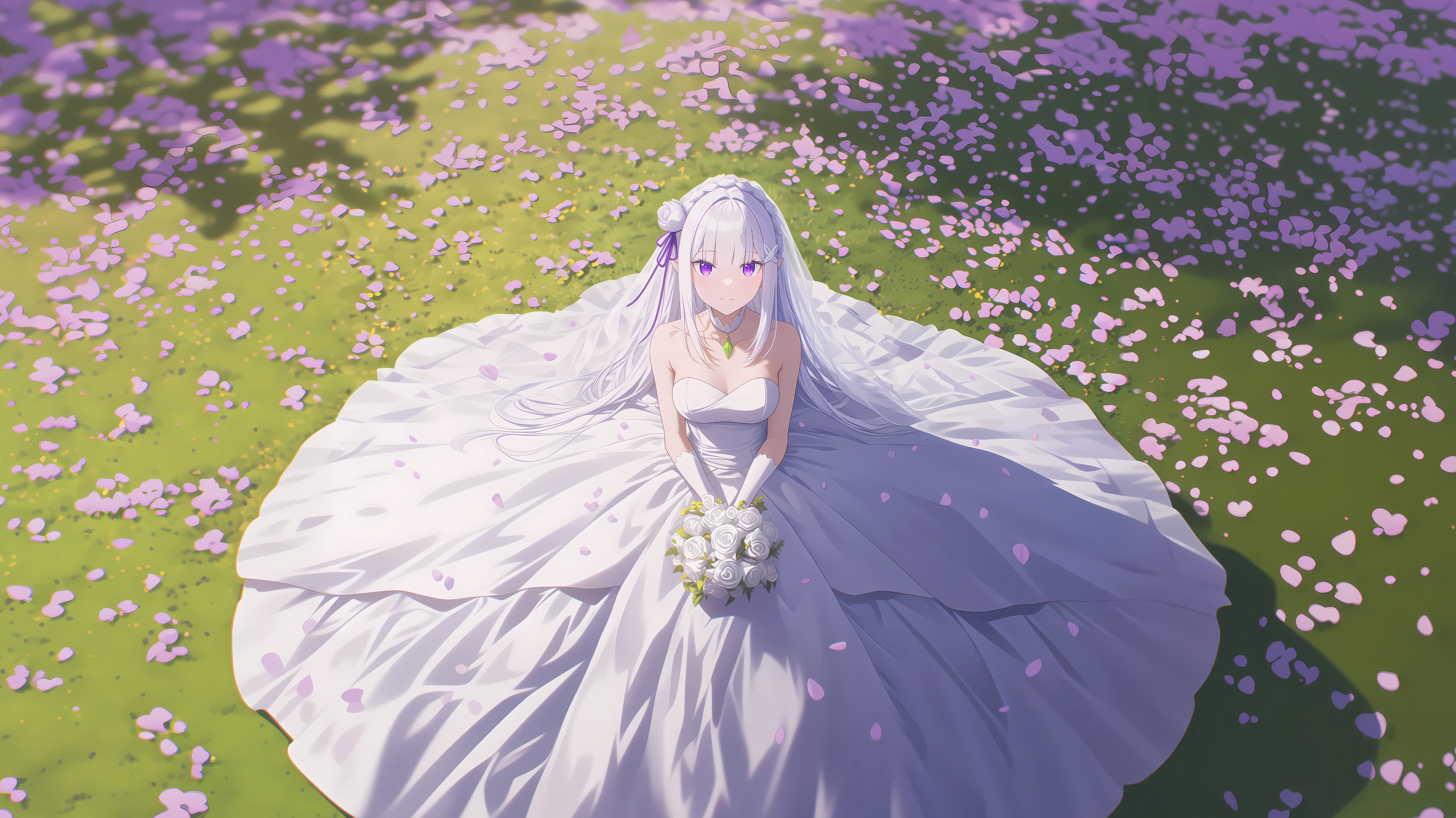 Emilia in a Wedding Dress Holding a Bouquet HD Wallpaper