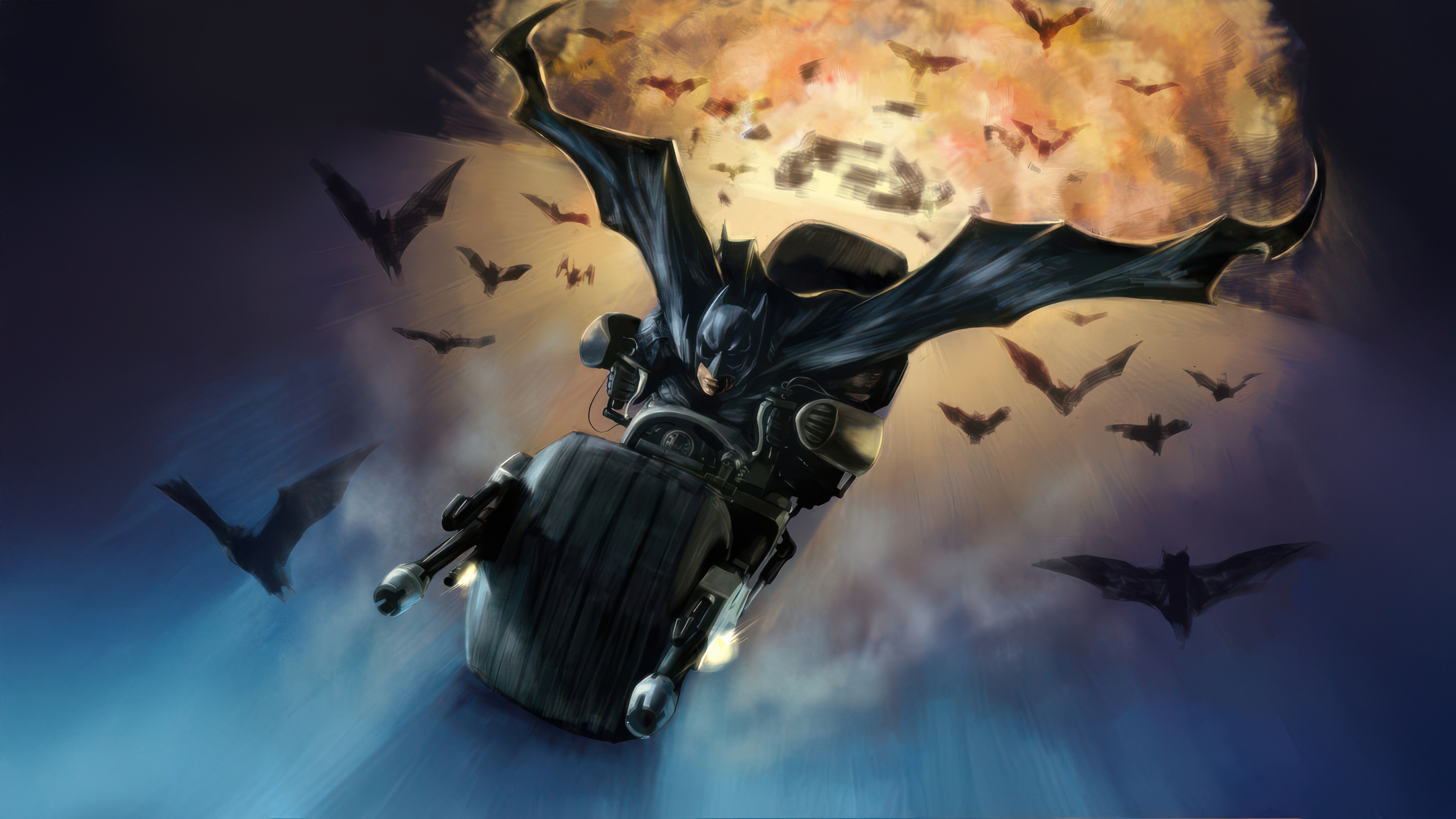 Batman riding a Batpod with bats flying around HD Wallpaper
