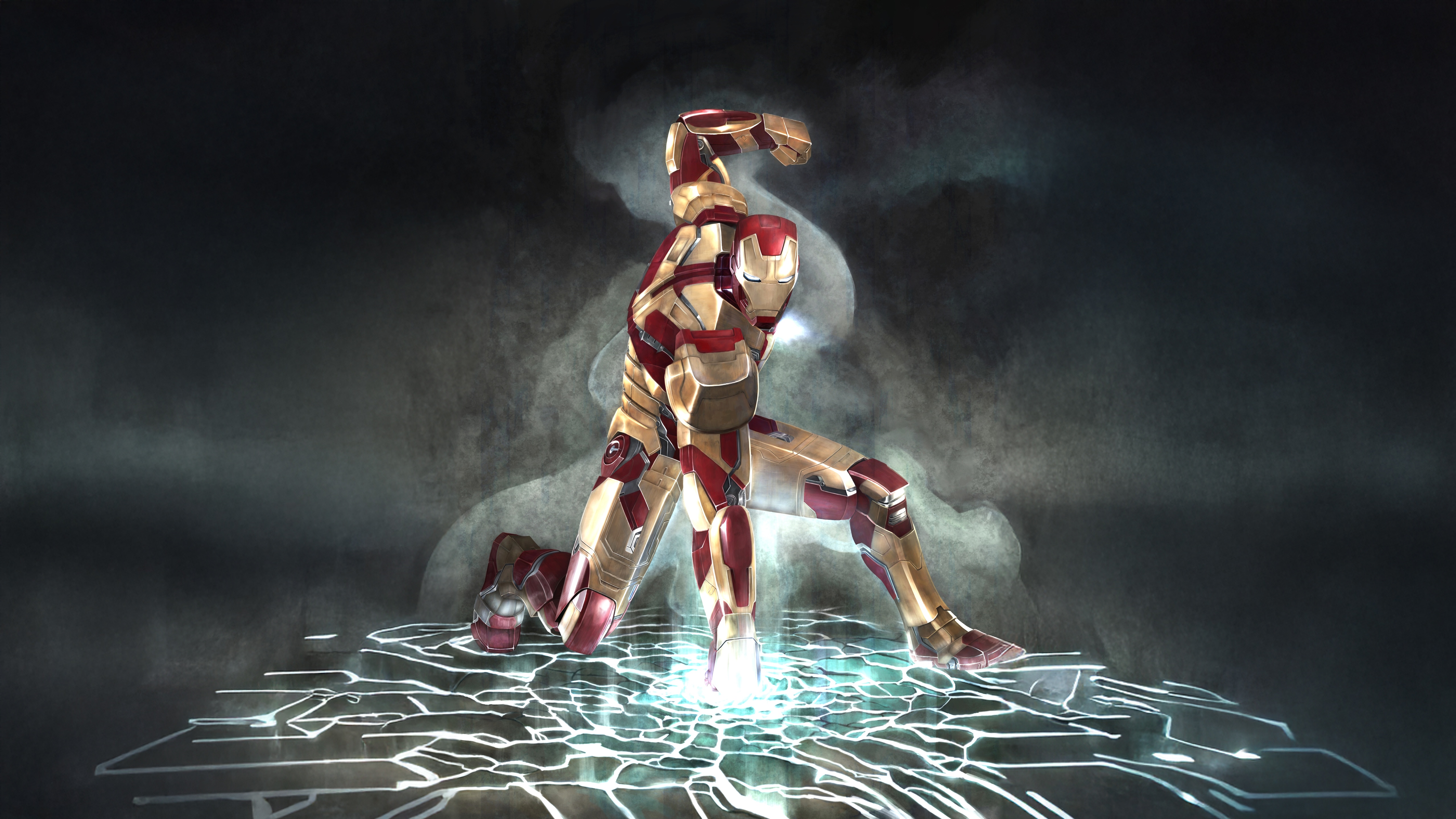 Iron Man in a dynamic pose on a glowing platform HD Wallpaper