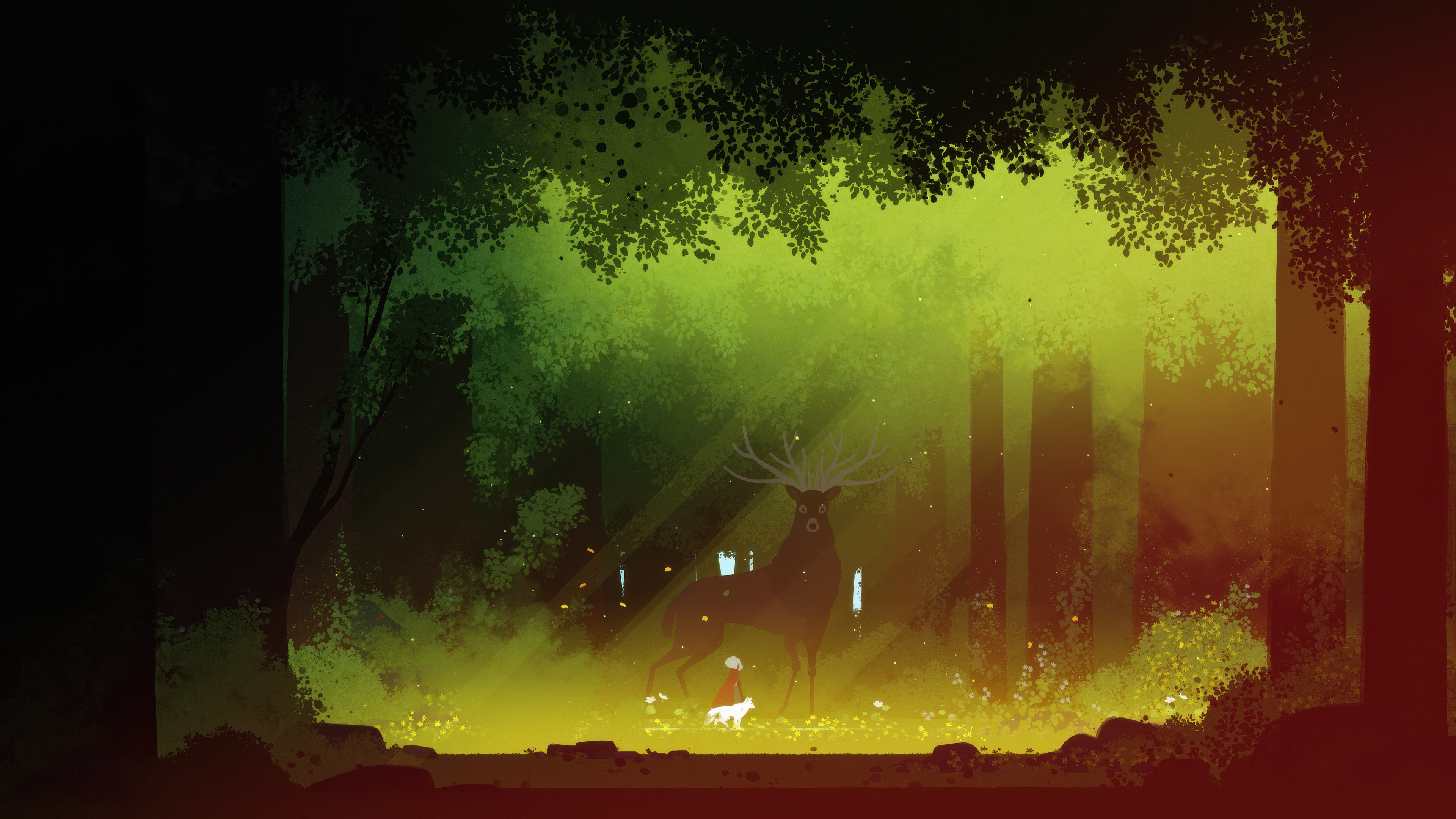 A girl and a deer in a mystical forest HD Wallpaper