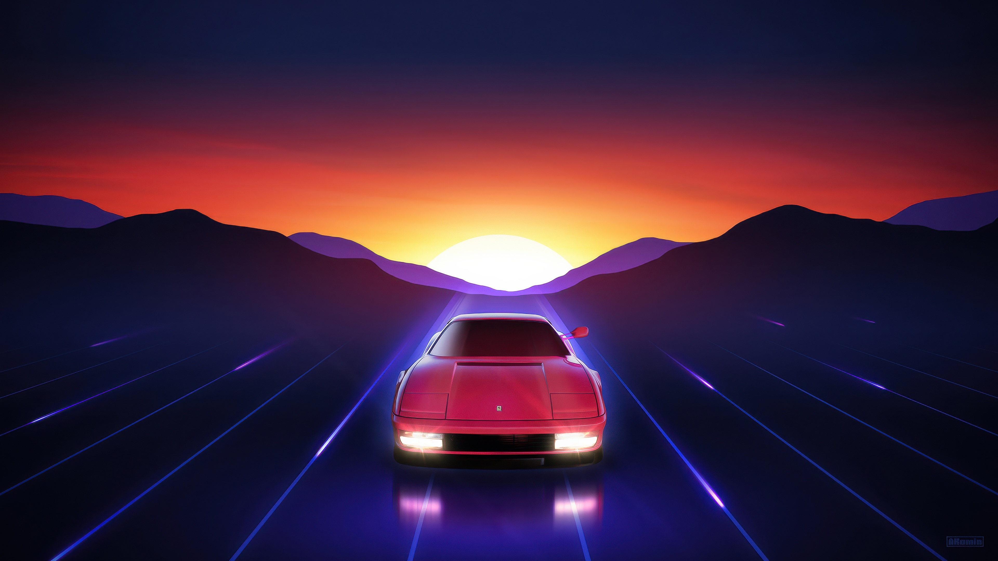 Red Ferrari Testarossa driving towards a sunset HD Wallpaper