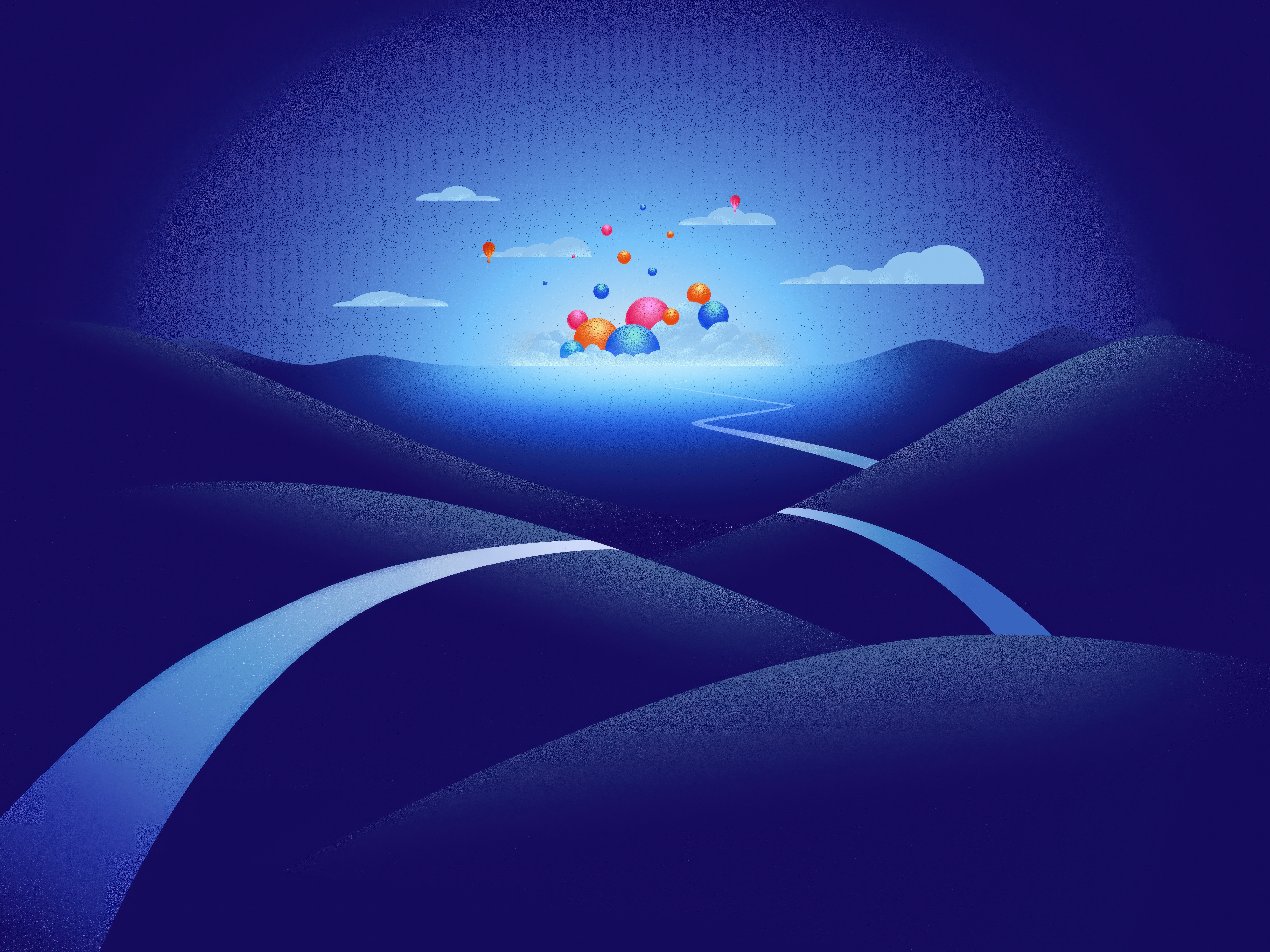 Fedora Linux abstract landscape with balloons HD Wallpaper