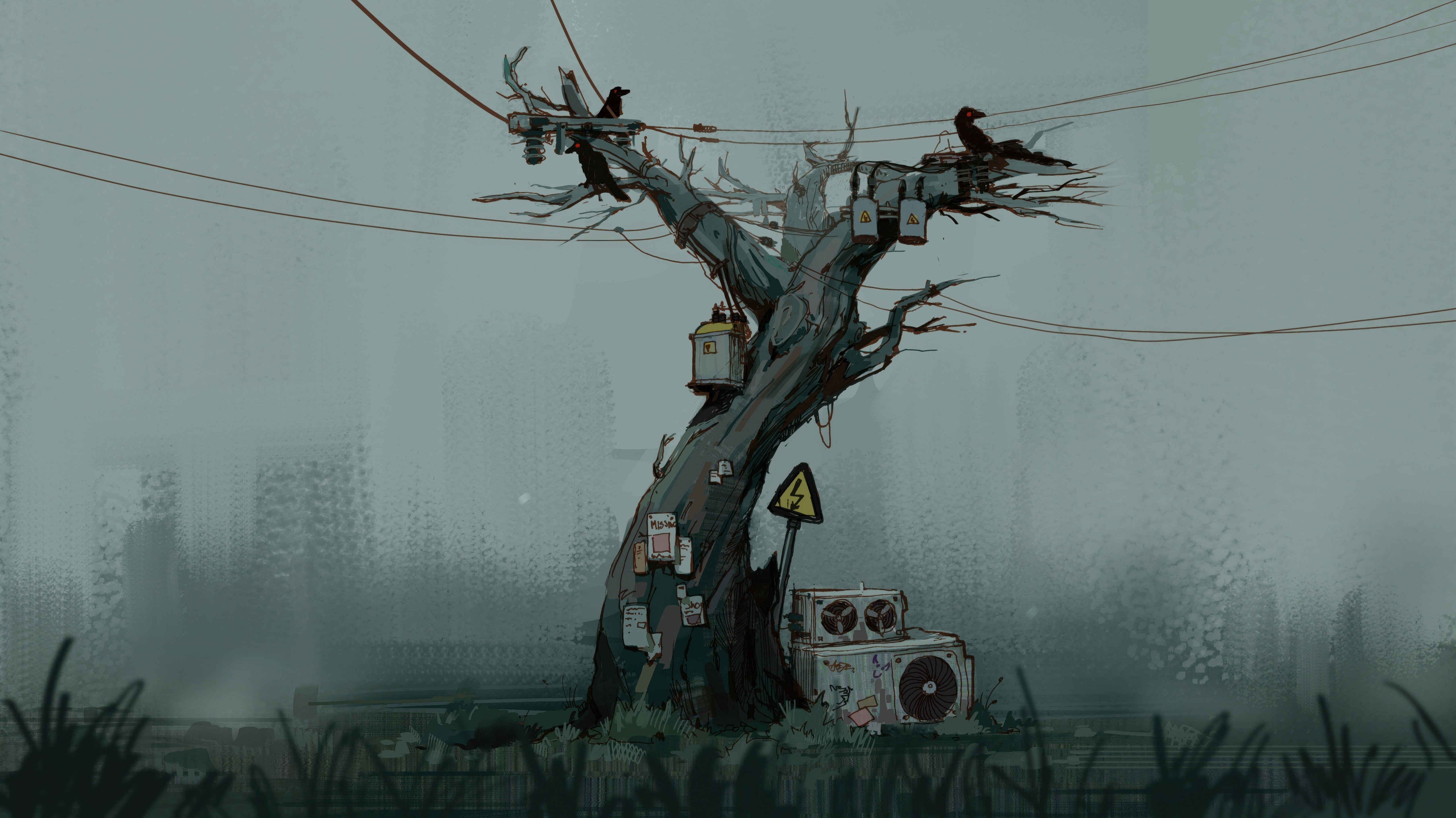 A dead tree with electrical equipment and crows HD Wallpaper