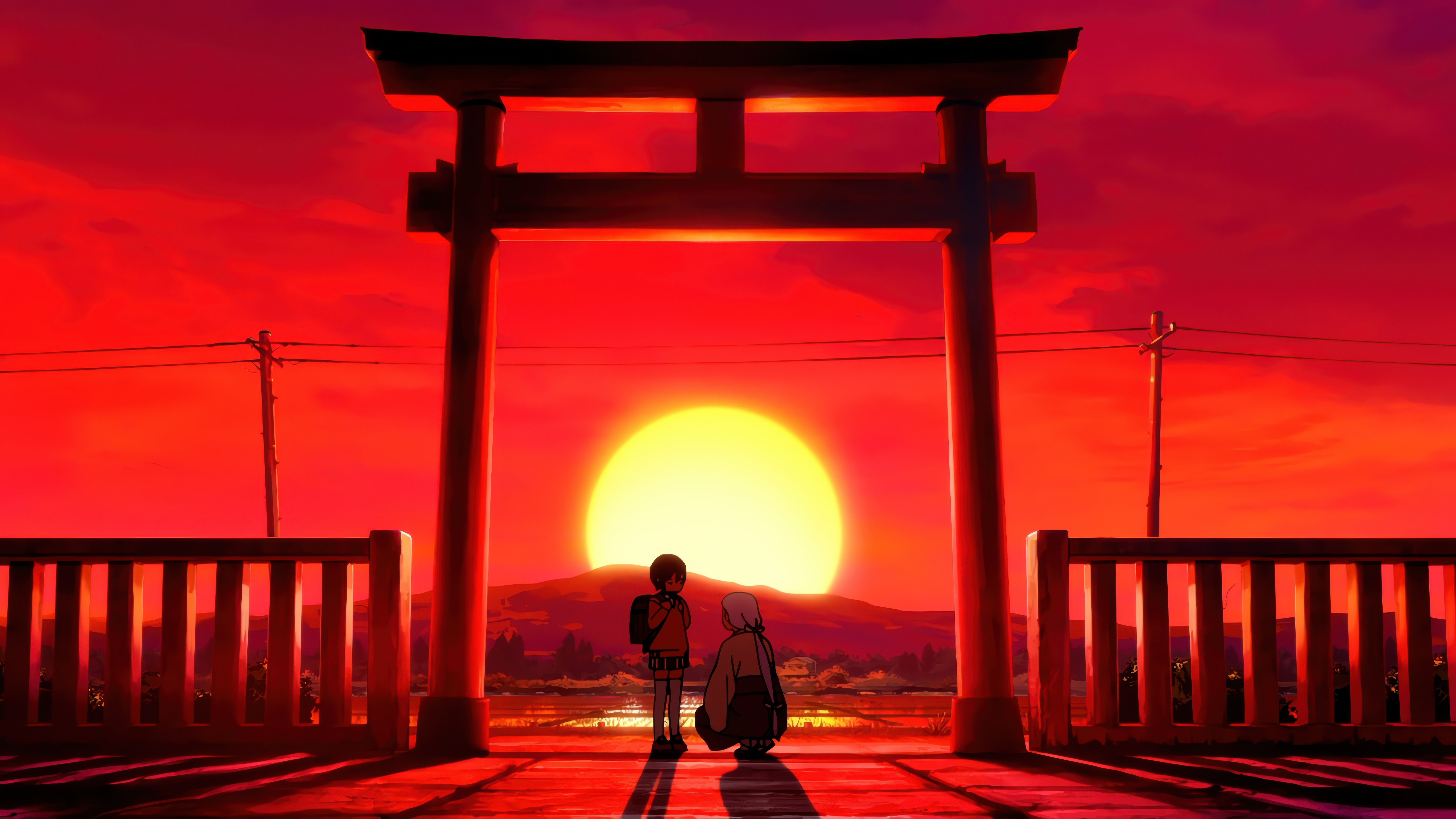 Two figures stand before a torii gate at sunset HD Wallpaper