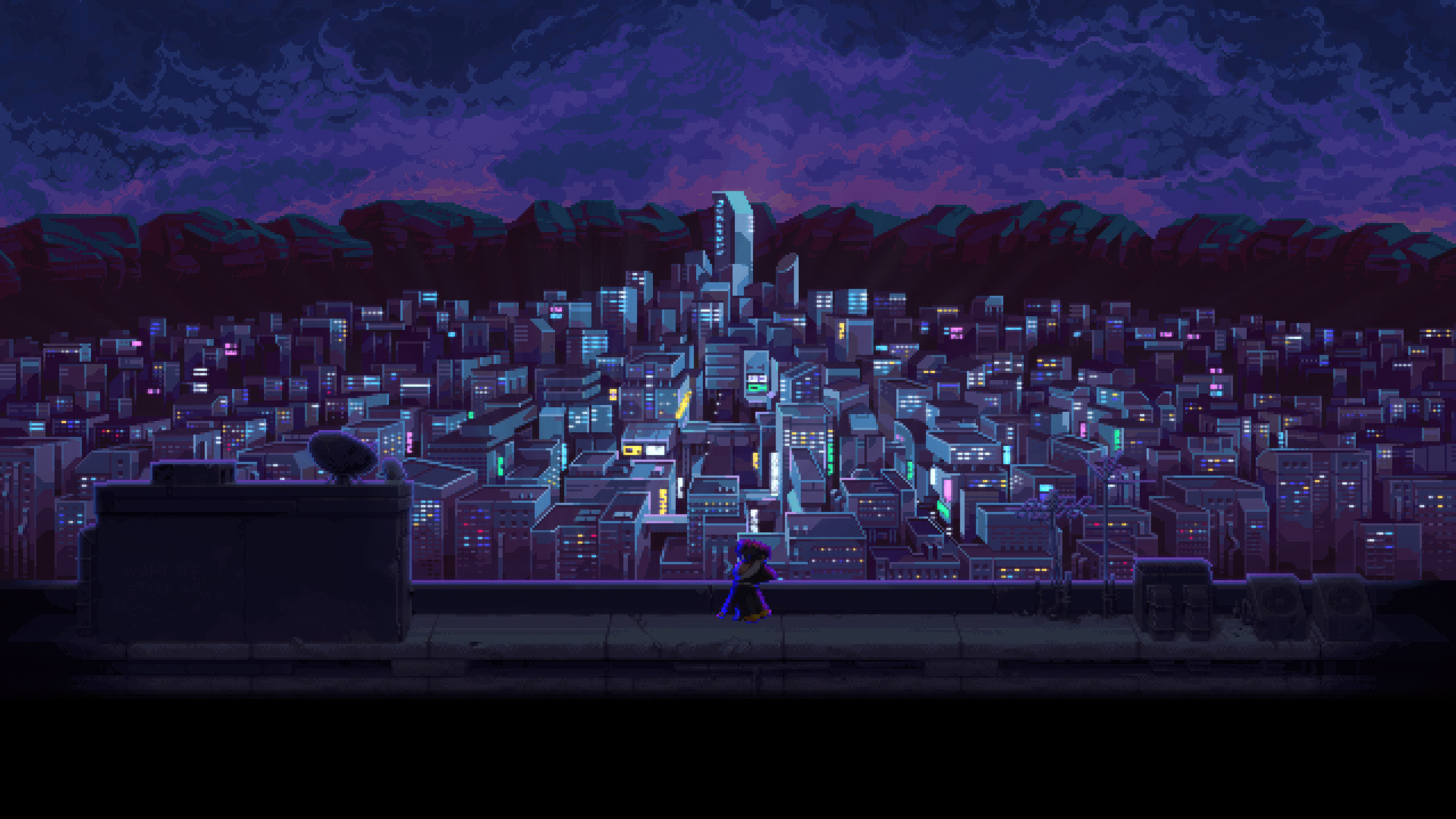Pixel city skyline at night with a lone figure HD Wallpaper