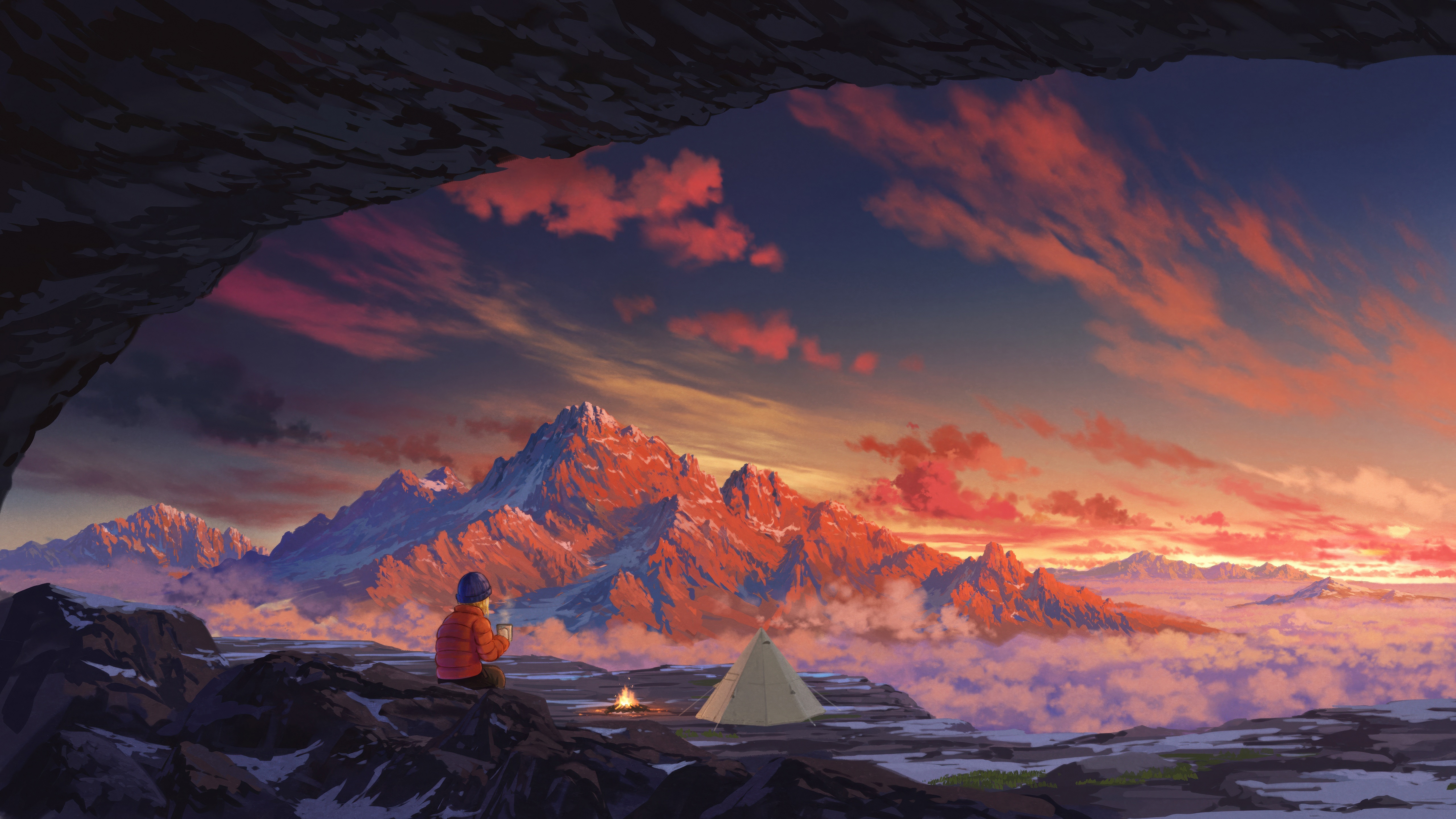 Person camping in mountains at sunset HD Wallpaper