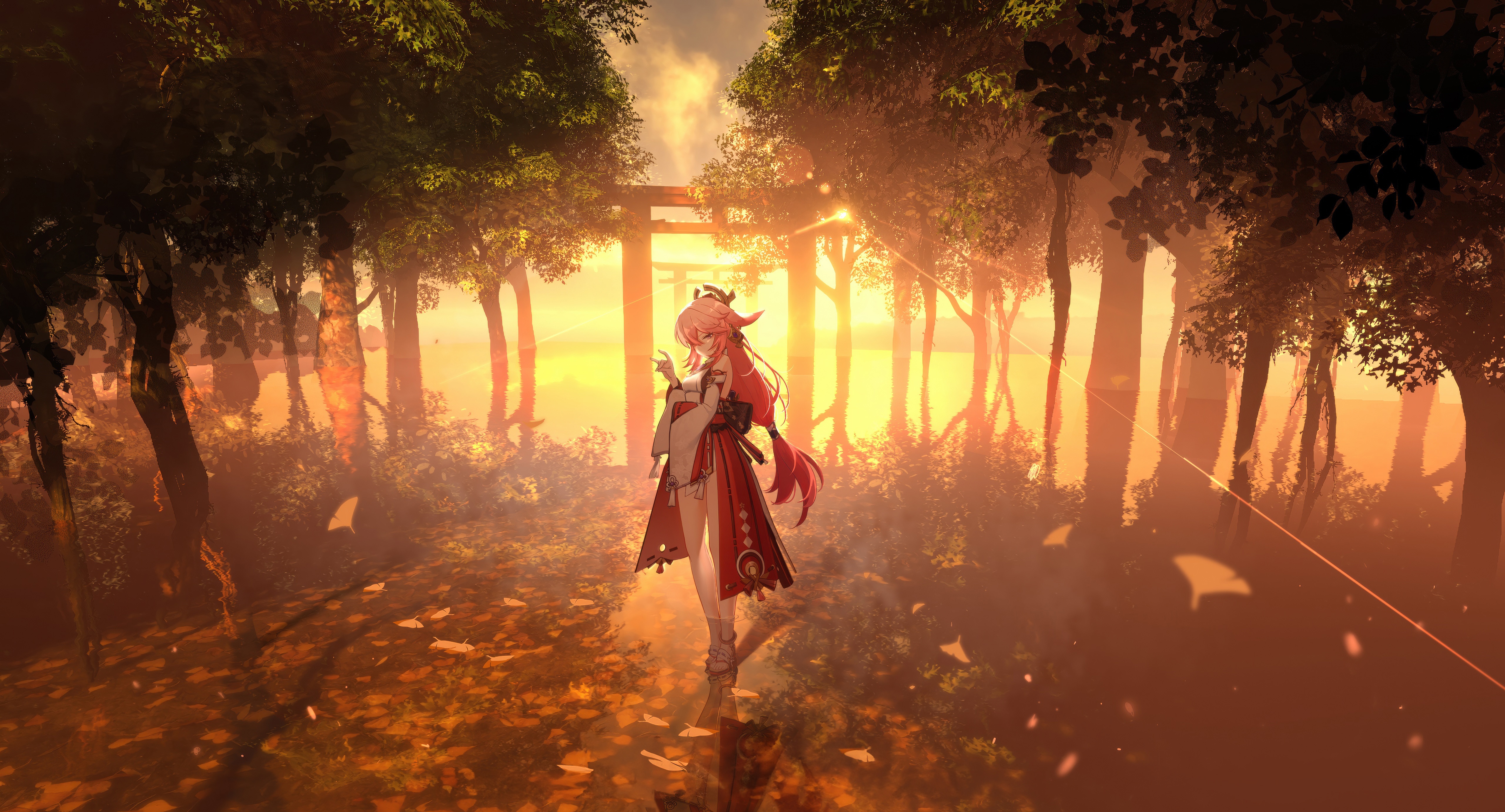 Yae Miko from Genshin Impact in a forest shrine HD Wallpaper