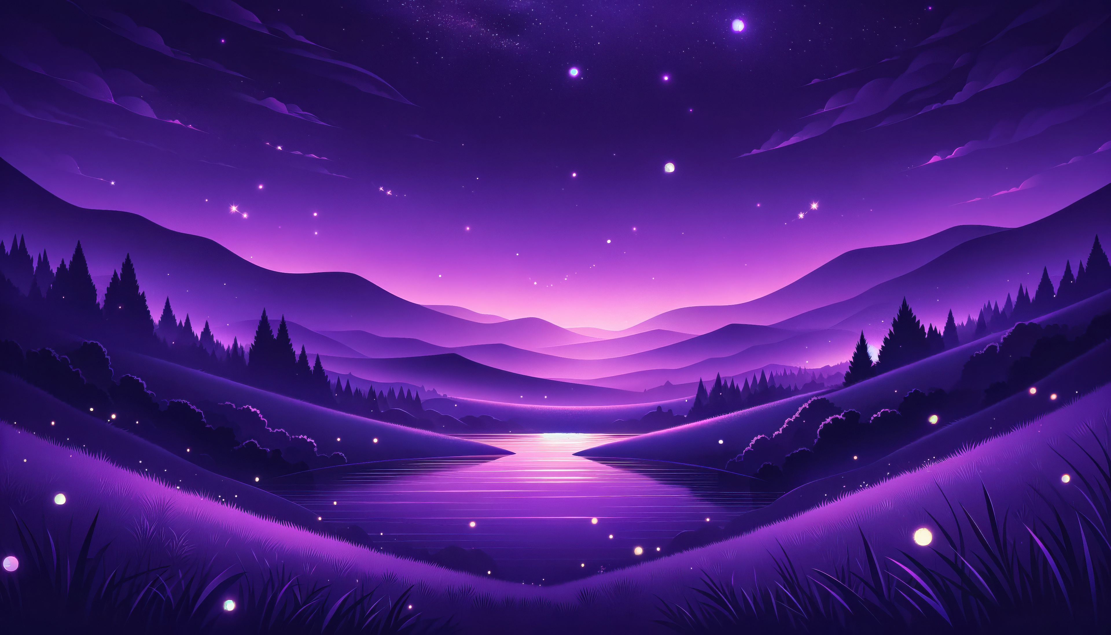 Violet night landscape with shining stars and mountains HD Wallpaper
