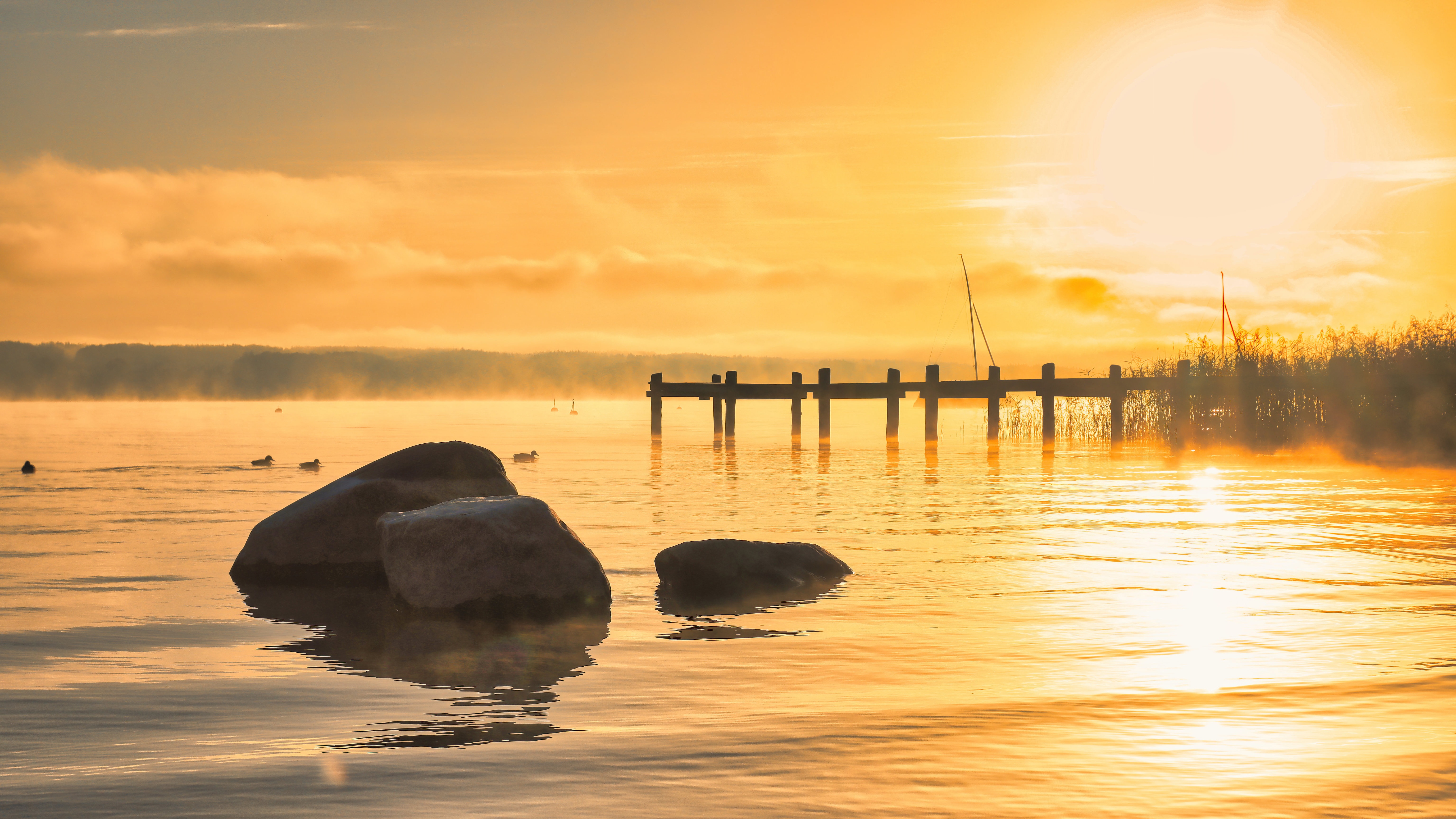 Foggy Morning Golden Hour on a Lake with Dock HD Wallpaper