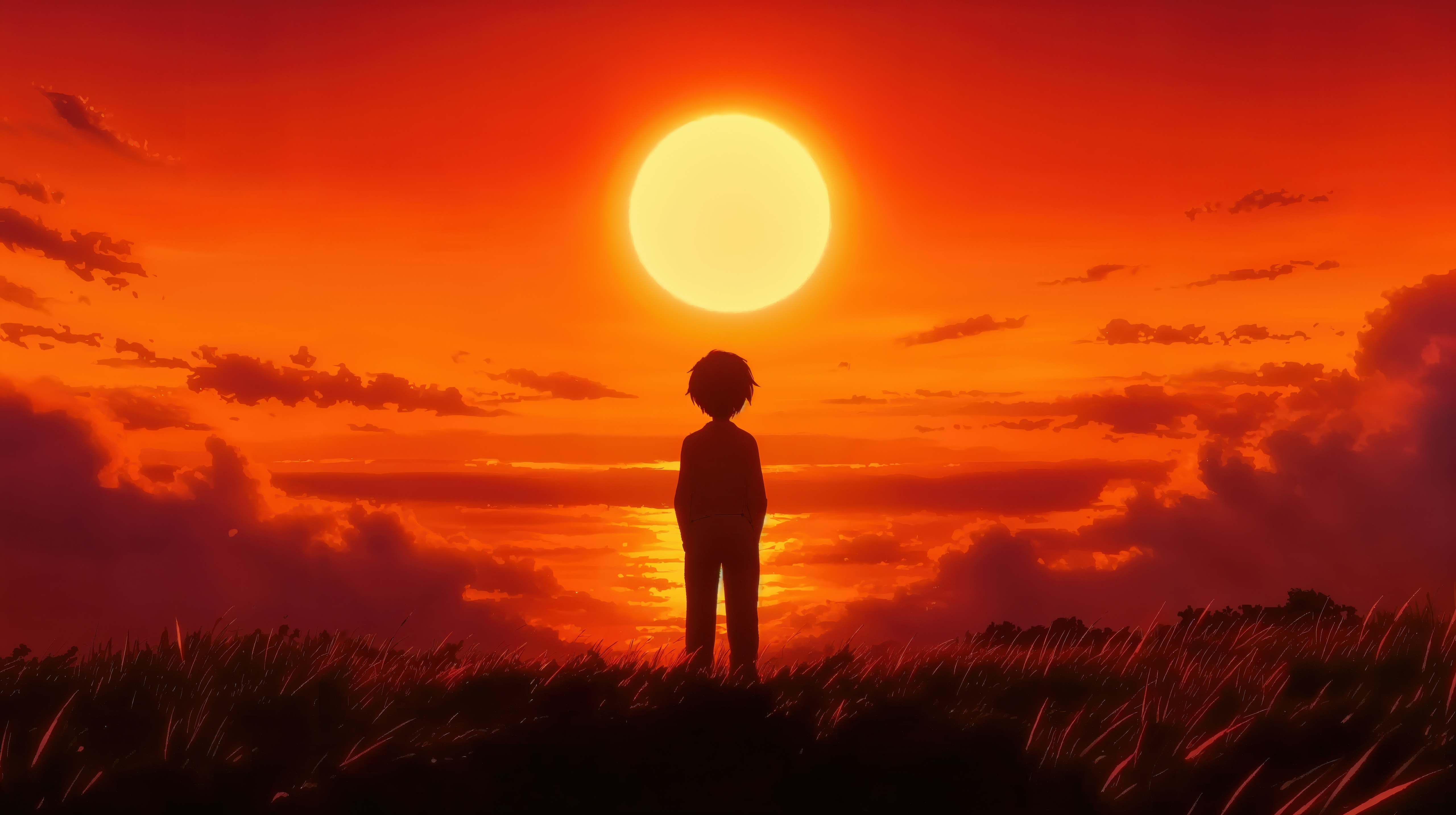 Boy Silhouetted Against a Fiery Sunset HD Wallpaper