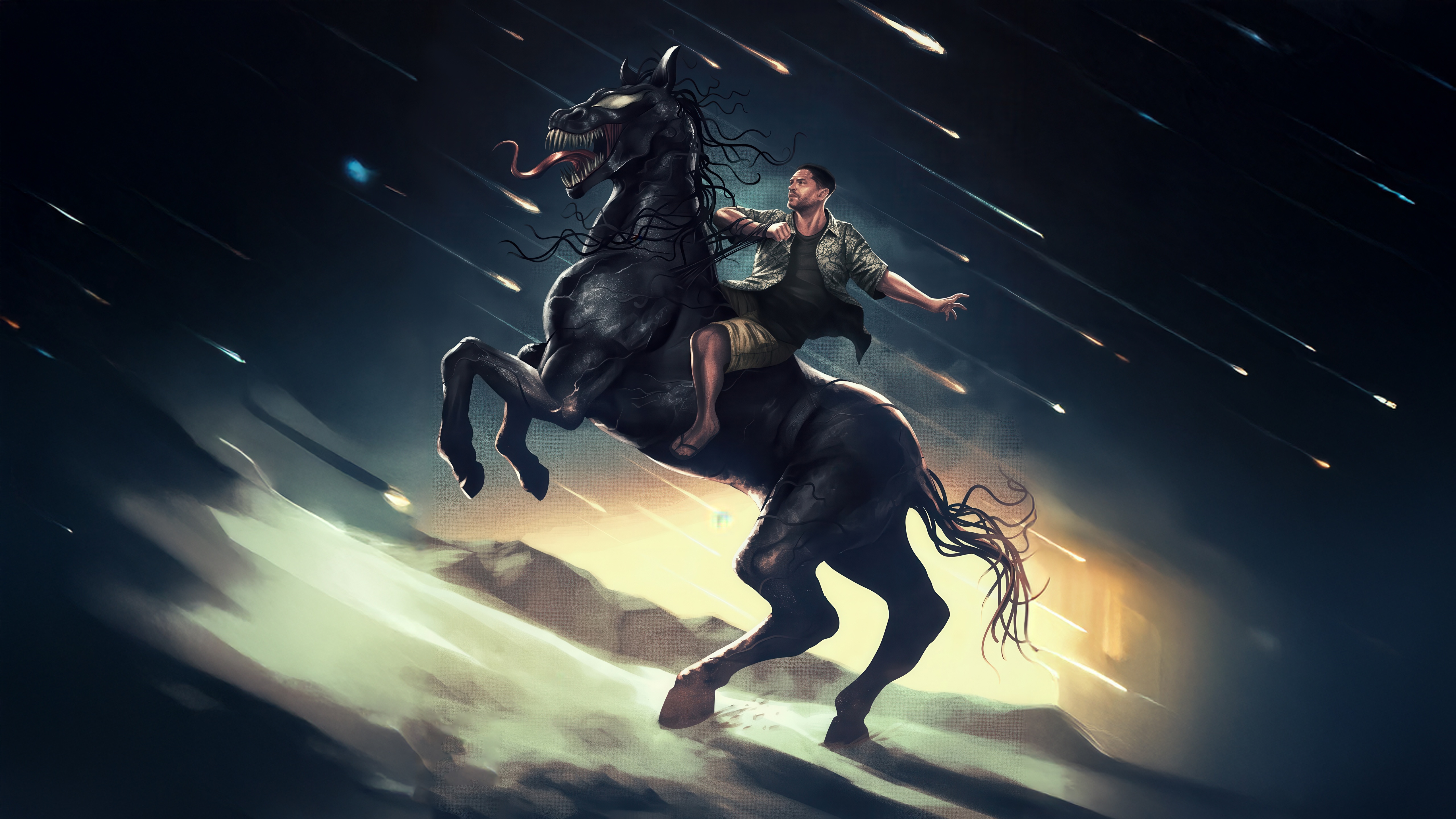 Eddie Brock riding a demonic horse during a meteor shower HD Wallpaper