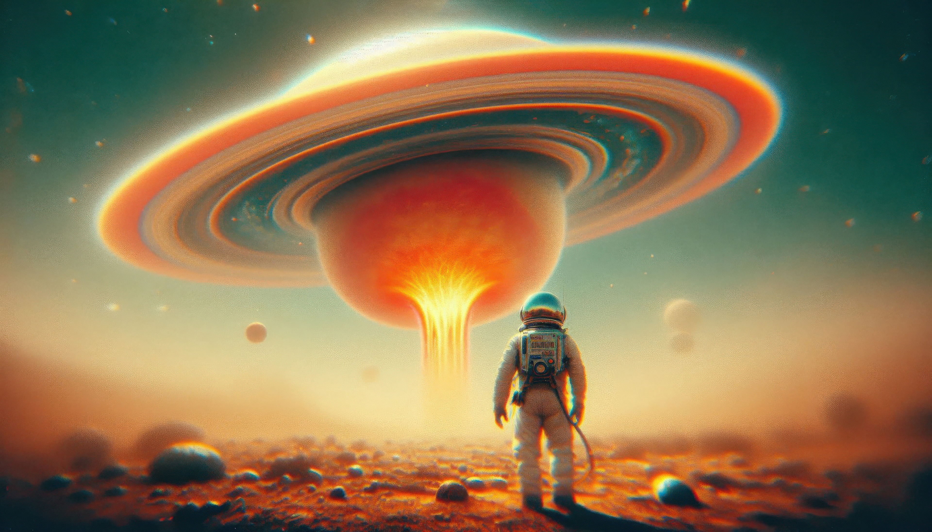 Astronaut gazes at a ringed planet with a fiery core HD Wallpaper