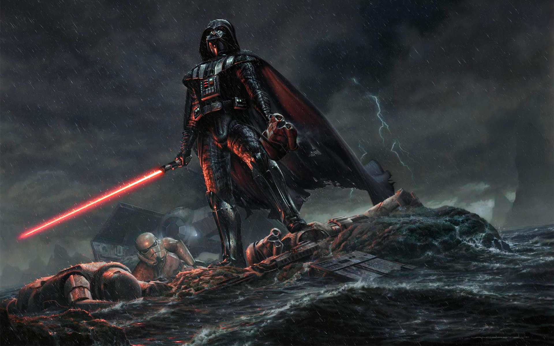 Darth Vader from Star Wars on a stormy sea with stormtroopers HD Wallpaper