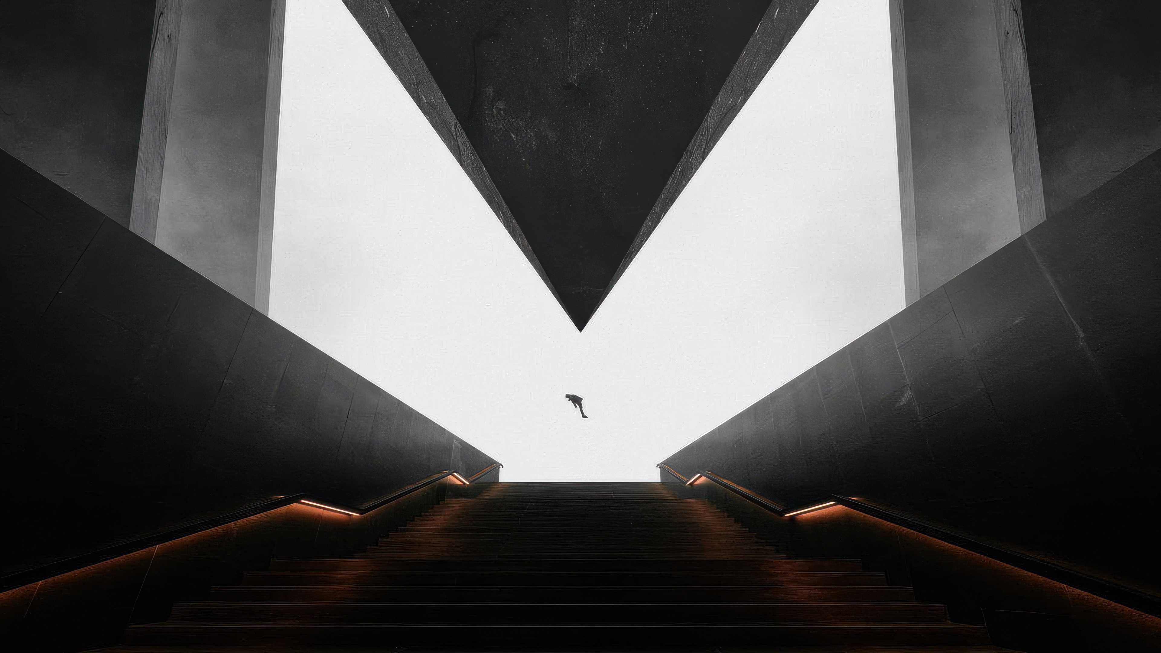Man dives between dark architectural structures HD Wallpaper