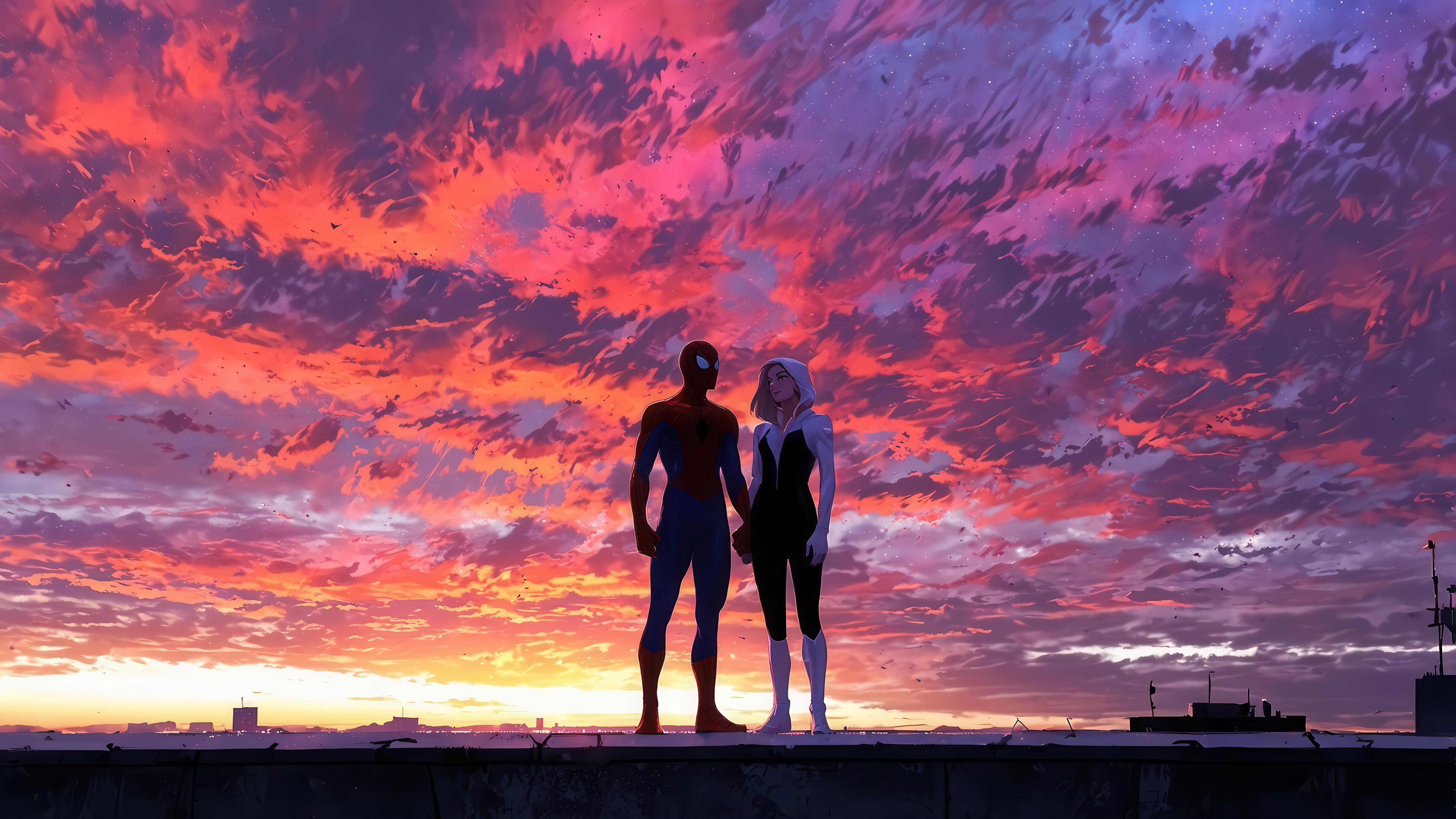Miles and Gwen Standing on a Rooftop at Sunset HD Wallpaper