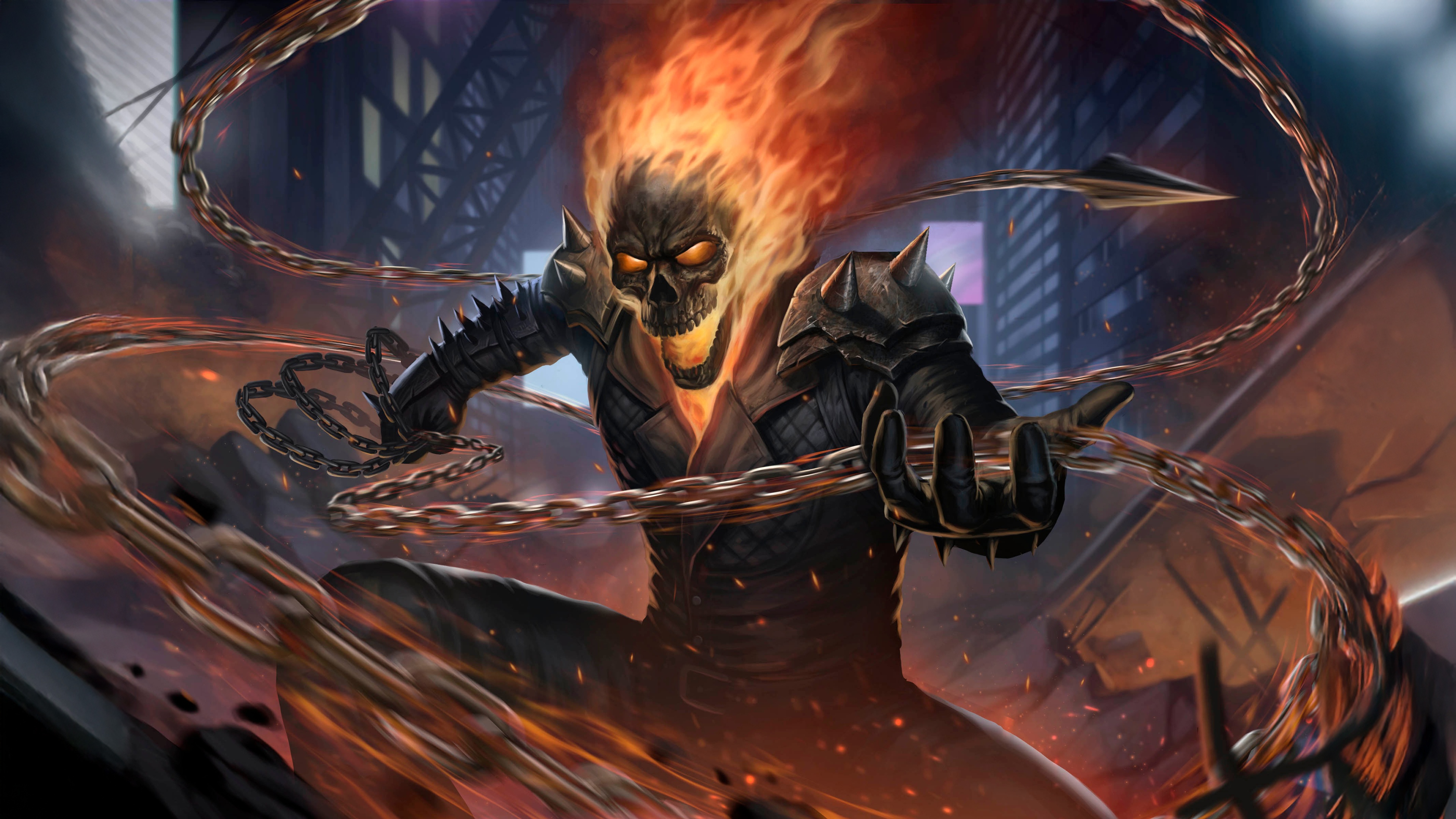 Ghost Rider with Flaming Skull and Chains HD Wallpaper