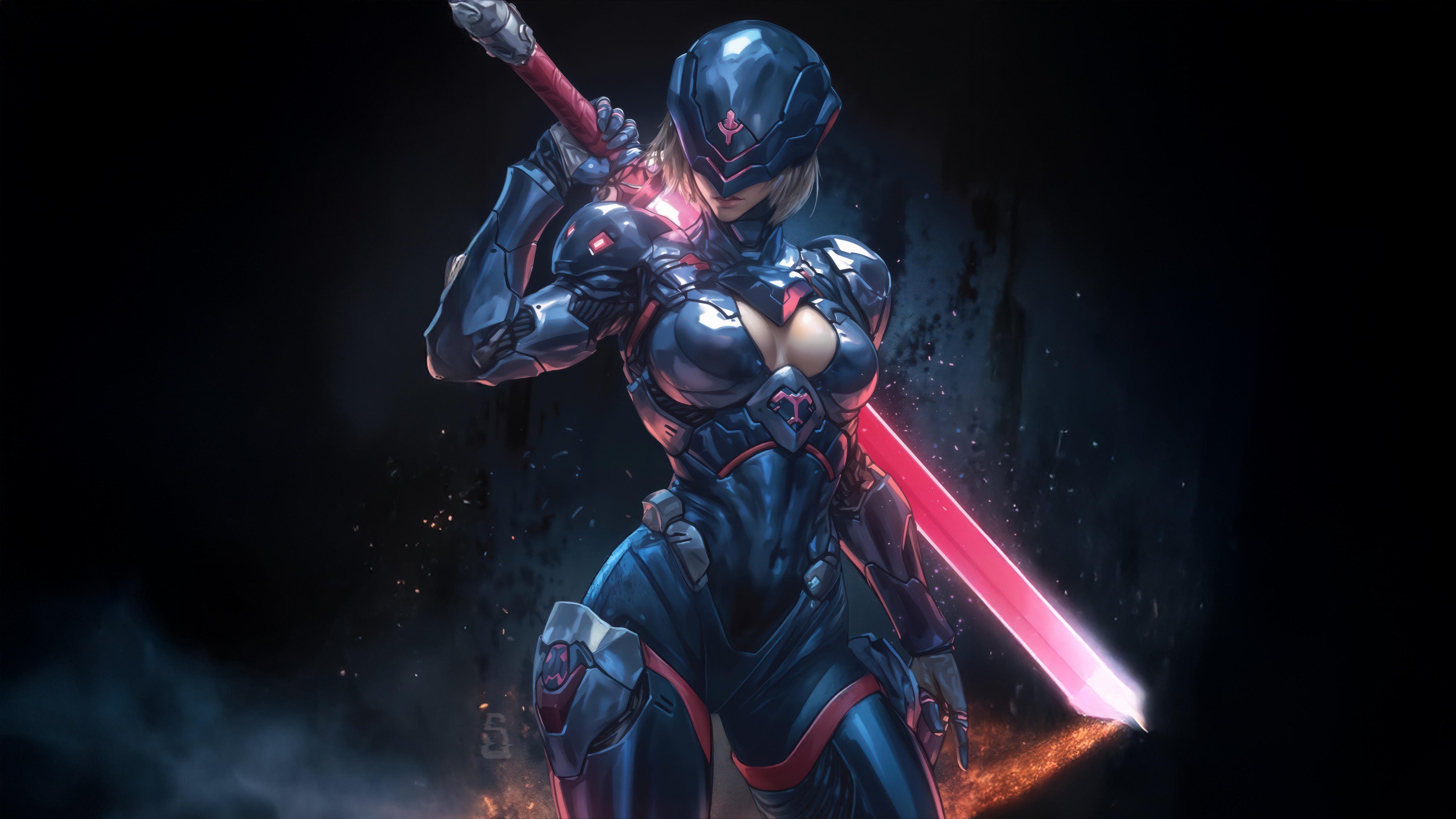 Cyberpunk warrior with a glowing sword HD Wallpaper