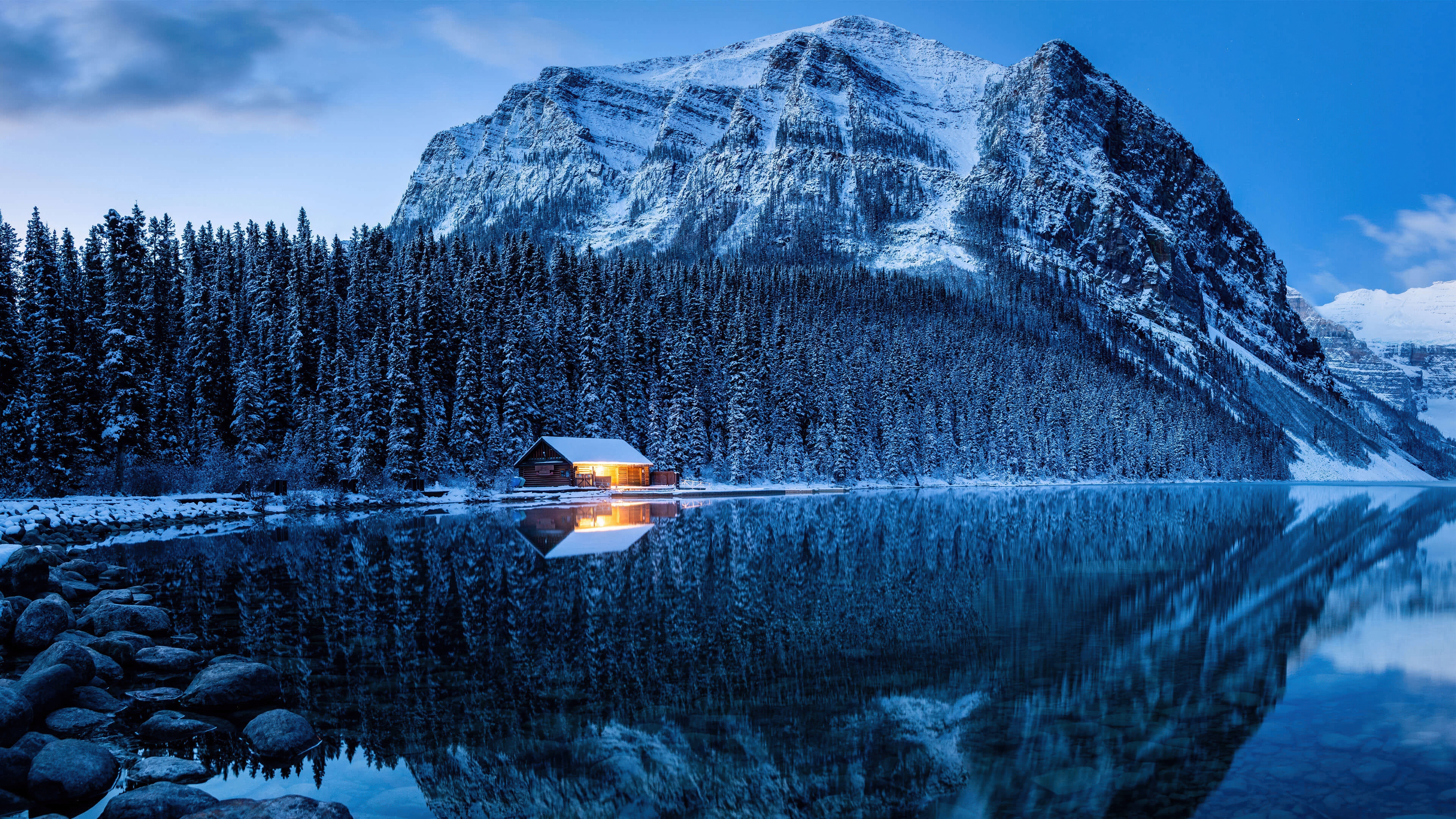 Winter Scene on Lake Louise with Cabin HD Wallpaper