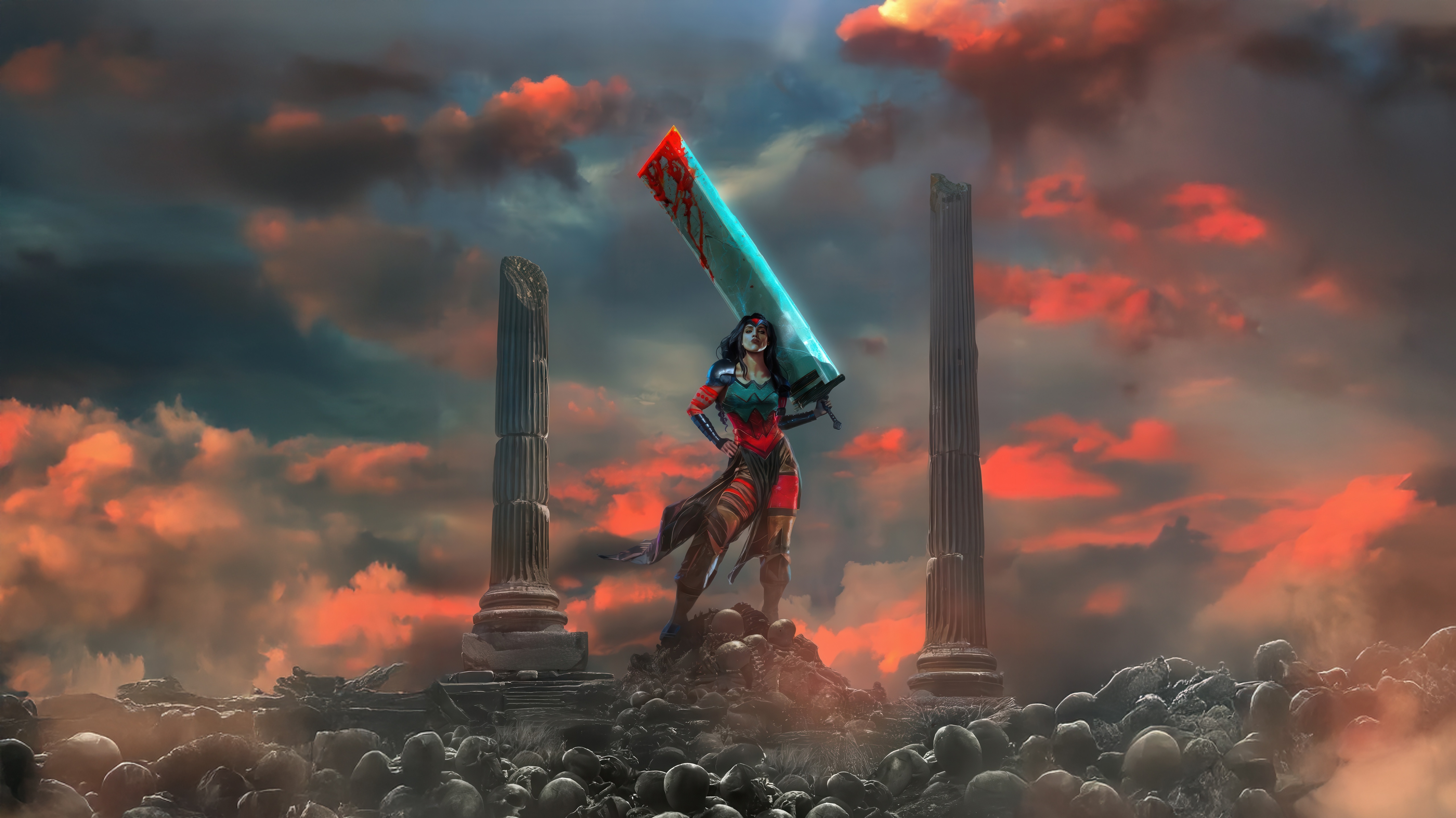 Wonder Woman with a bloody sword amidst ruins HD Wallpaper