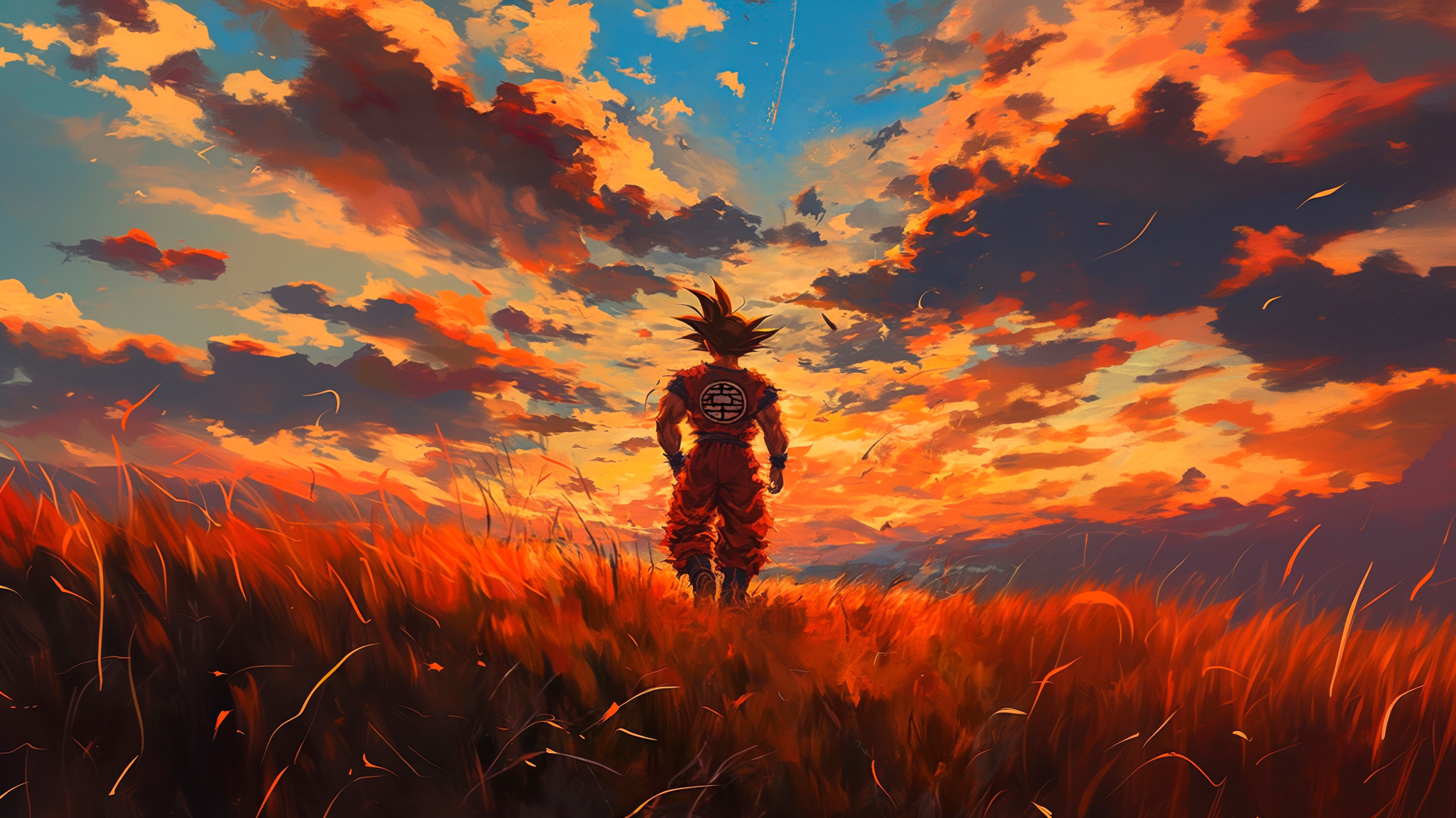 Goku standing in a field at sunset HD Wallpaper