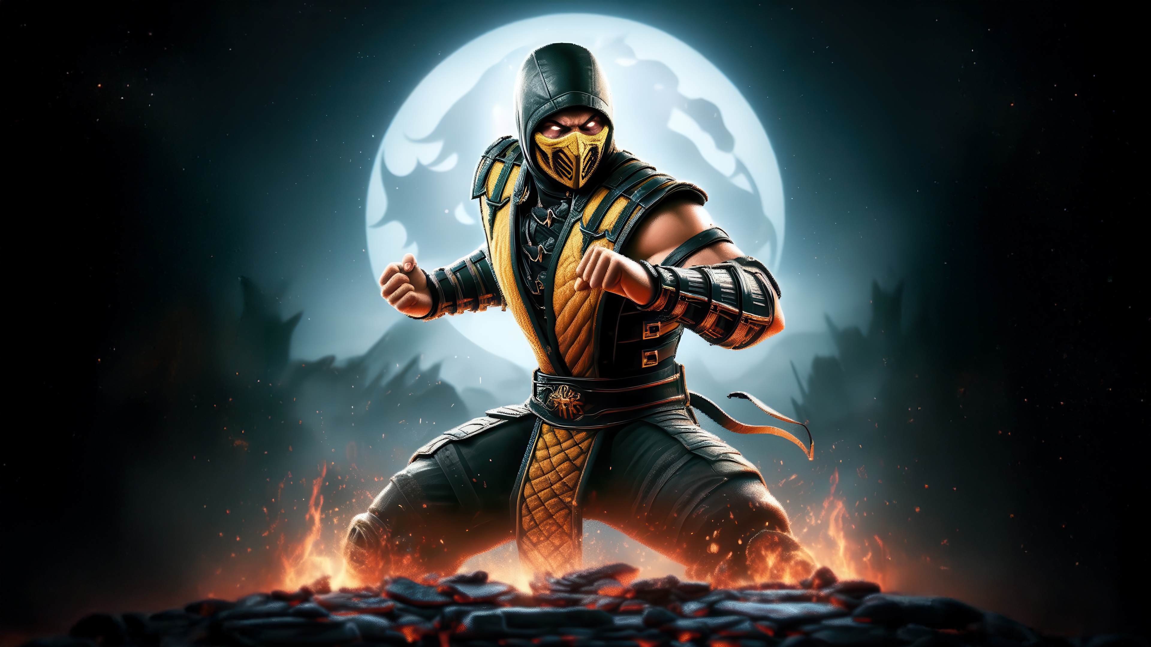 Scorpion from Mortal Kombat standing in fire HD Wallpaper