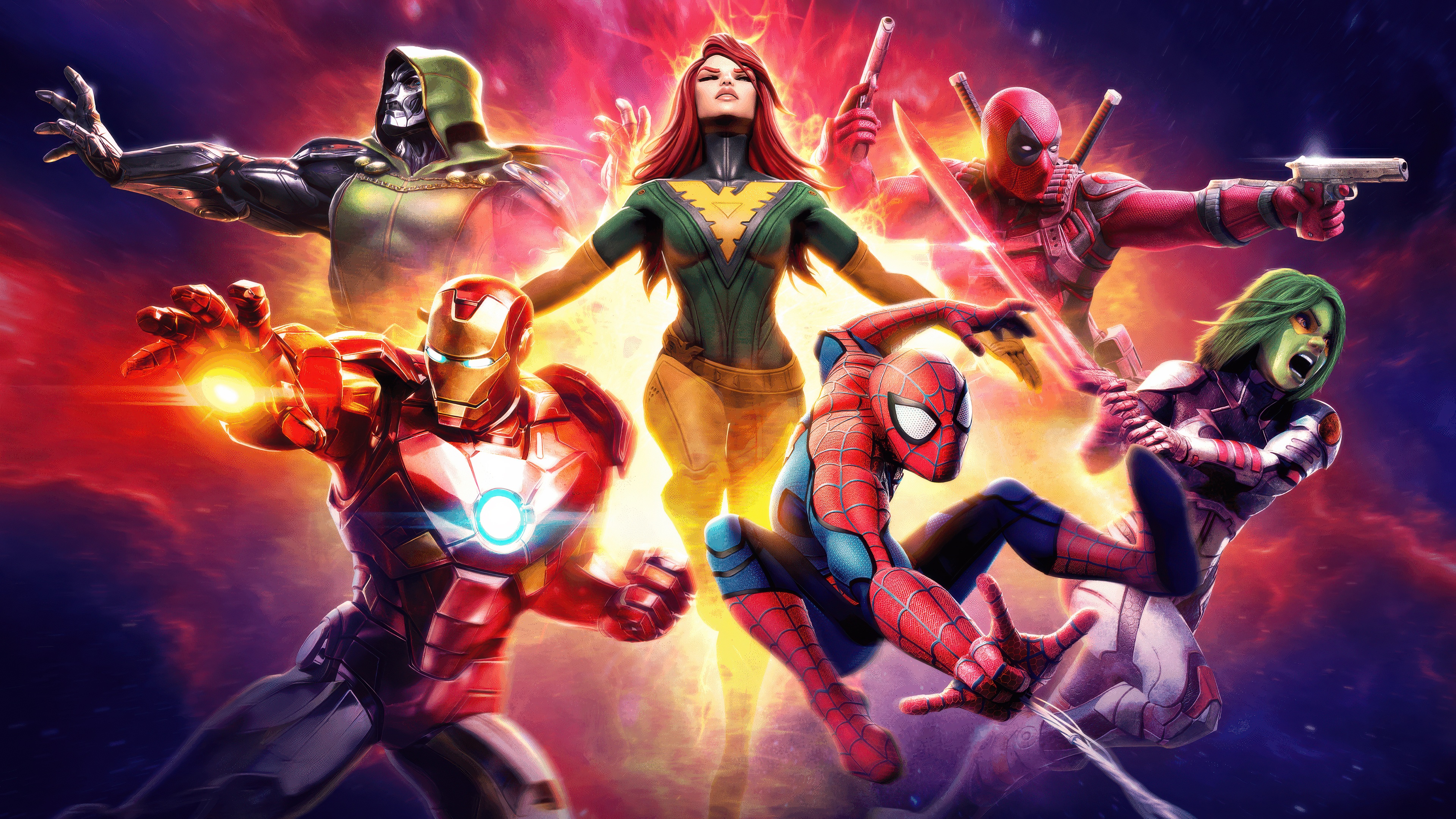 Marvel Strike Force: Iron Man, Spider-Man, Phoenix, Deadpool, Gamora, Doctor Doom HD Wallpaper