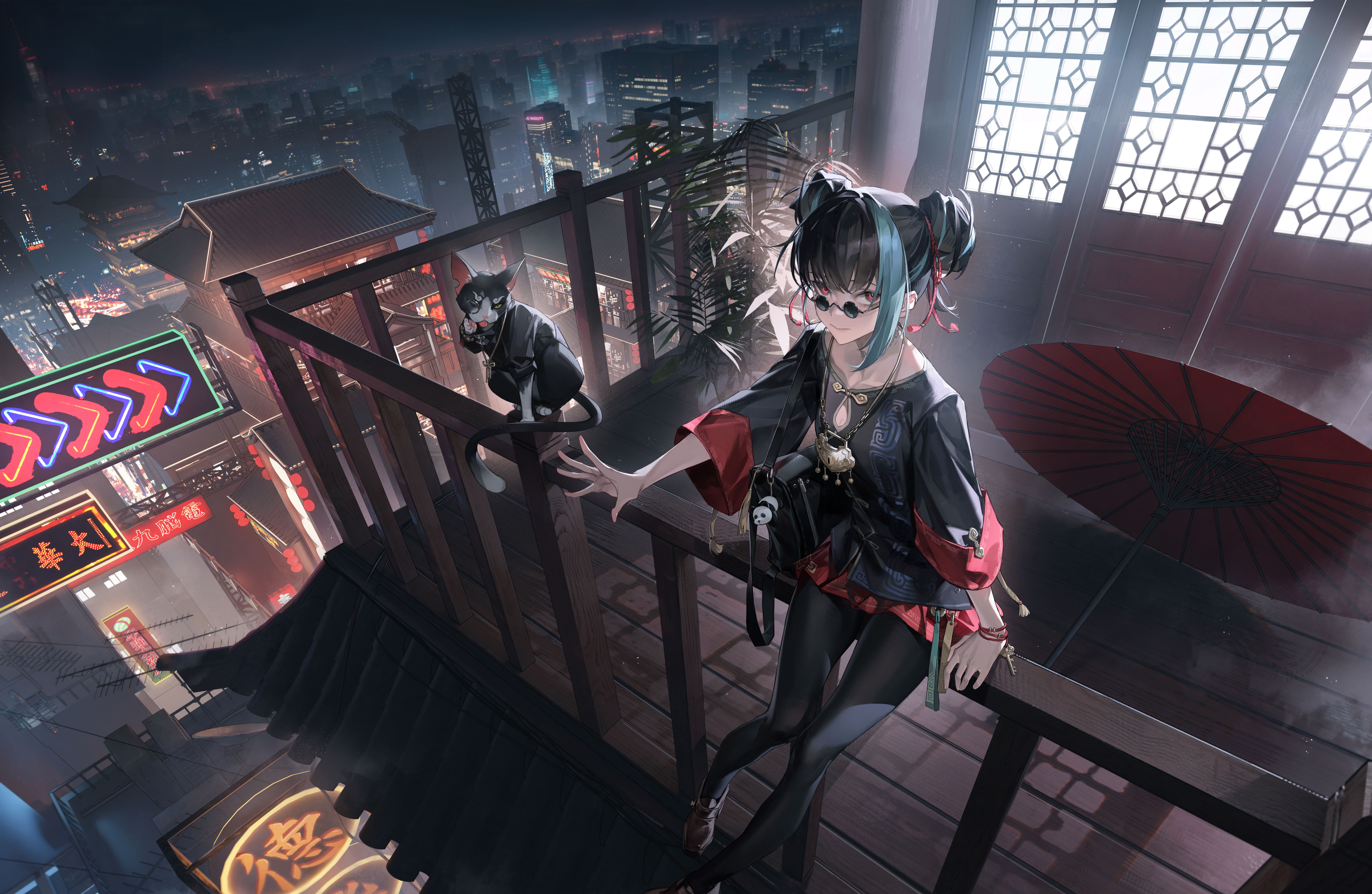 Gui Long Chao with a cat on a rooftop HD Wallpaper