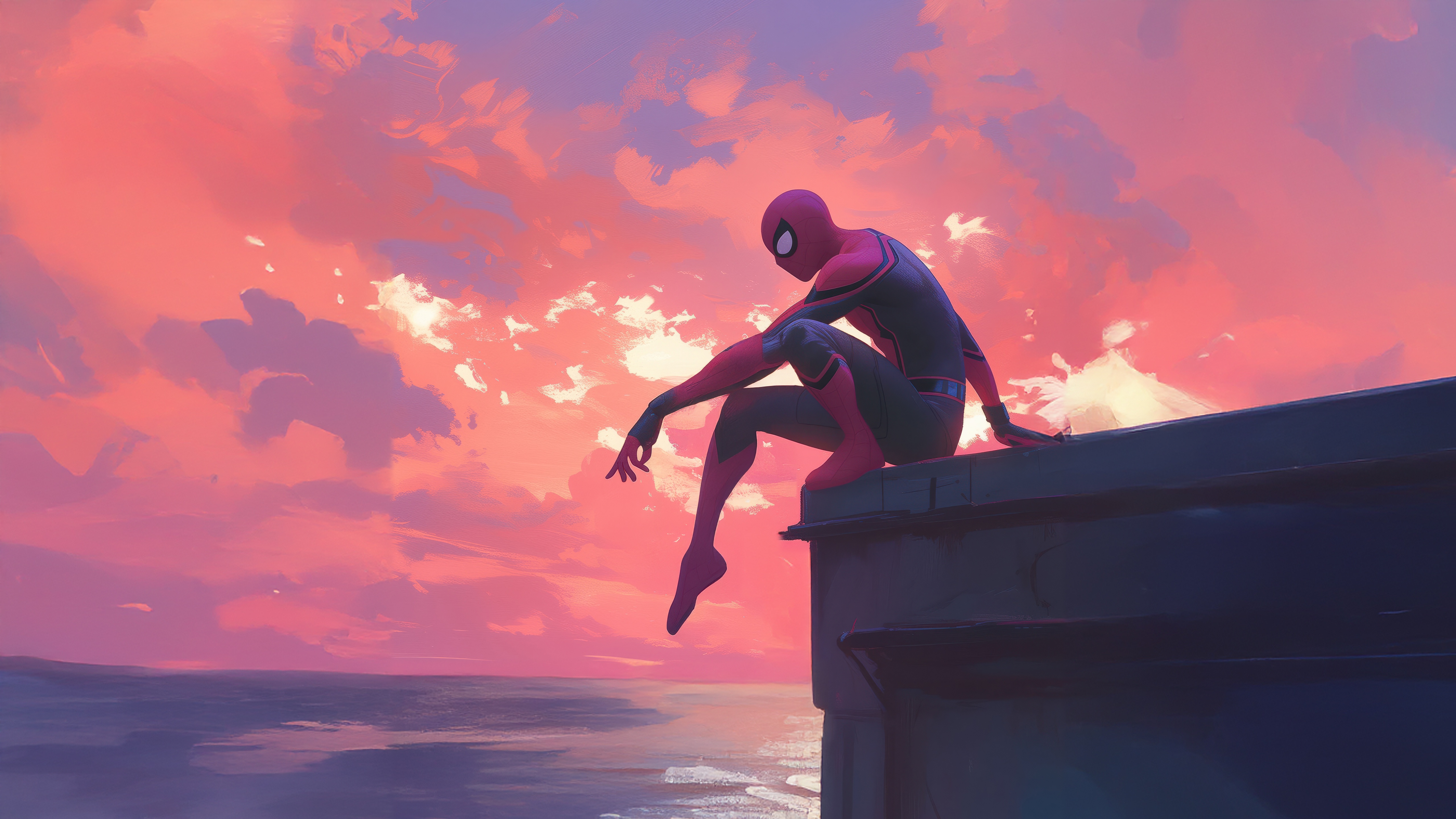 Spider-Man sitting on a rooftop at sunset HD Wallpaper