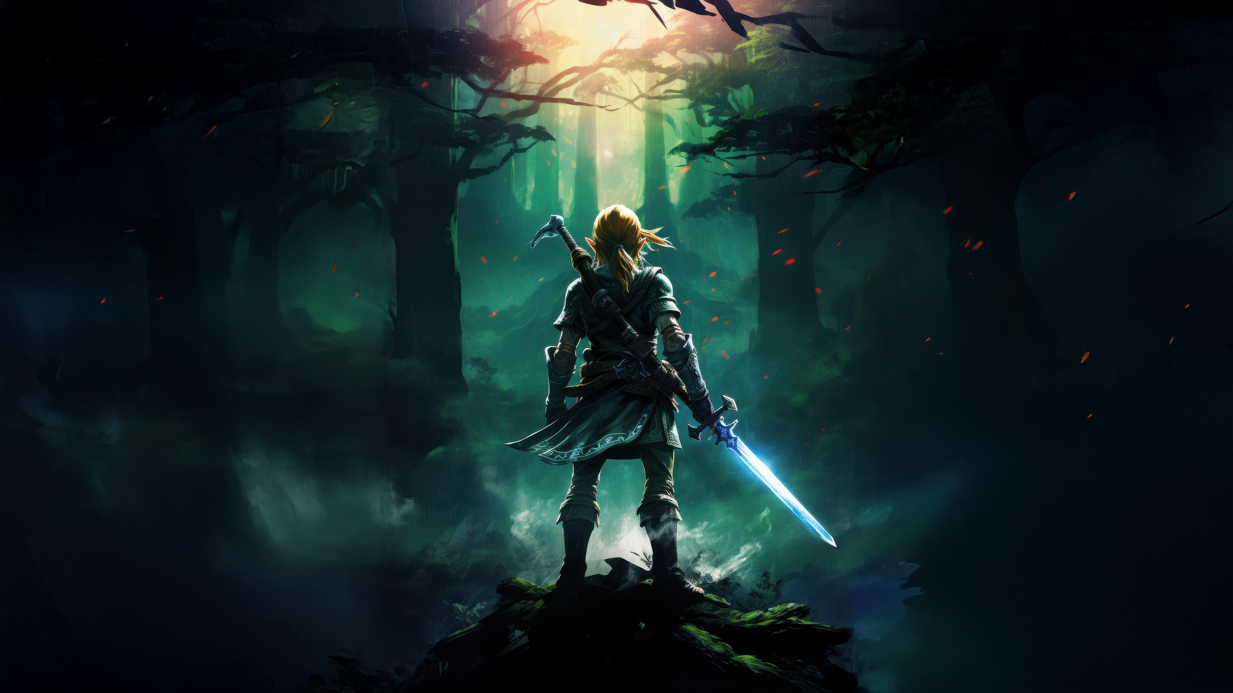 Link with Master Sword in a Dark Forest HD Wallpaper