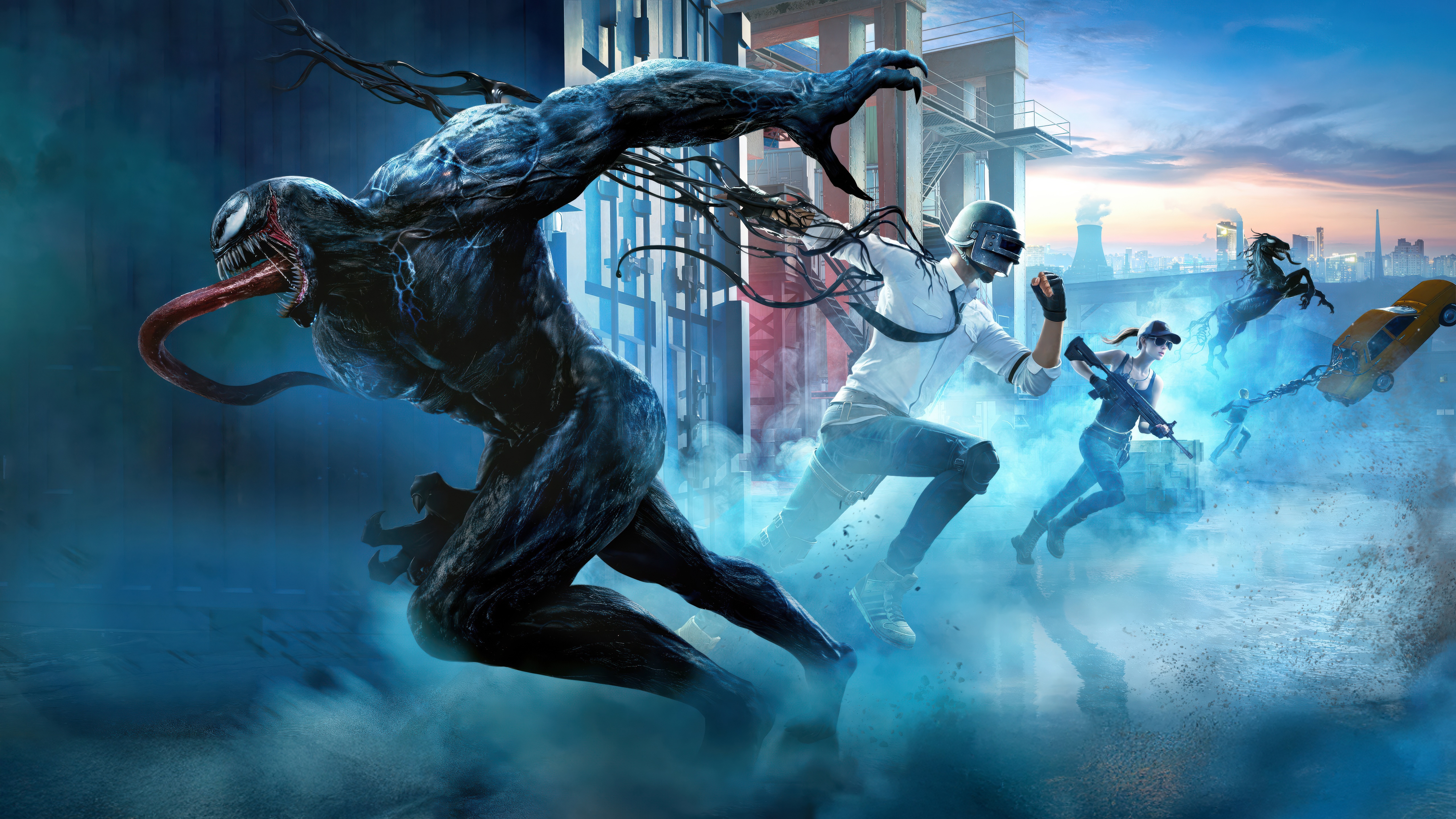 Venom and PUBG Mobile characters in a city battle HD Wallpaper