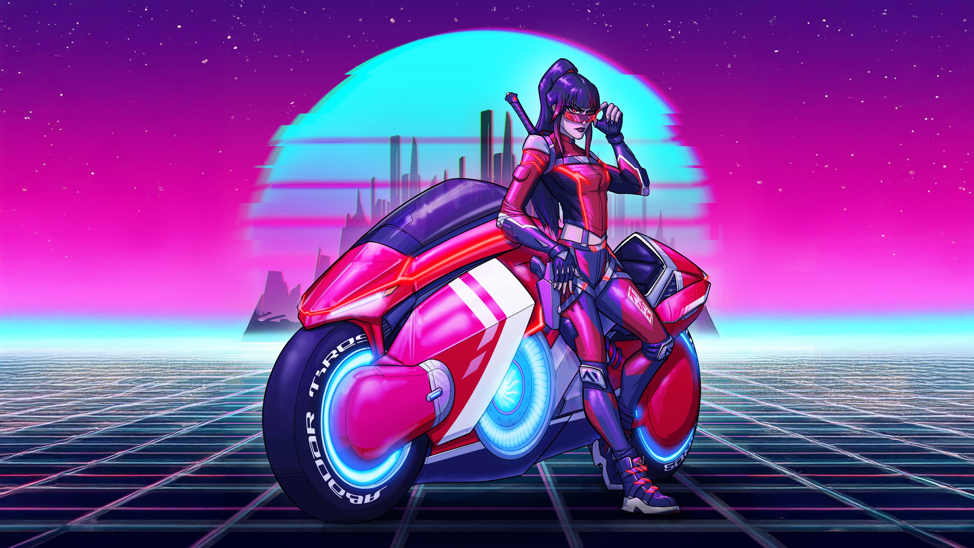 Ultraviolet Racer Woman on a Futuristic Motorcycle HD Wallpaper