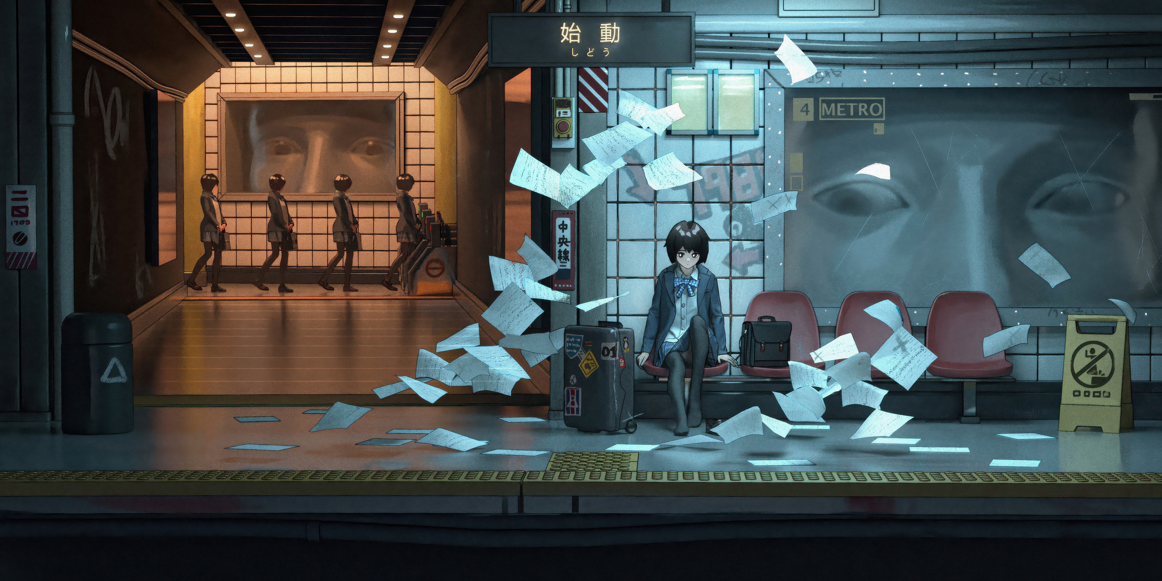 Anime girl at a subway station with papers flying HD Wallpaper