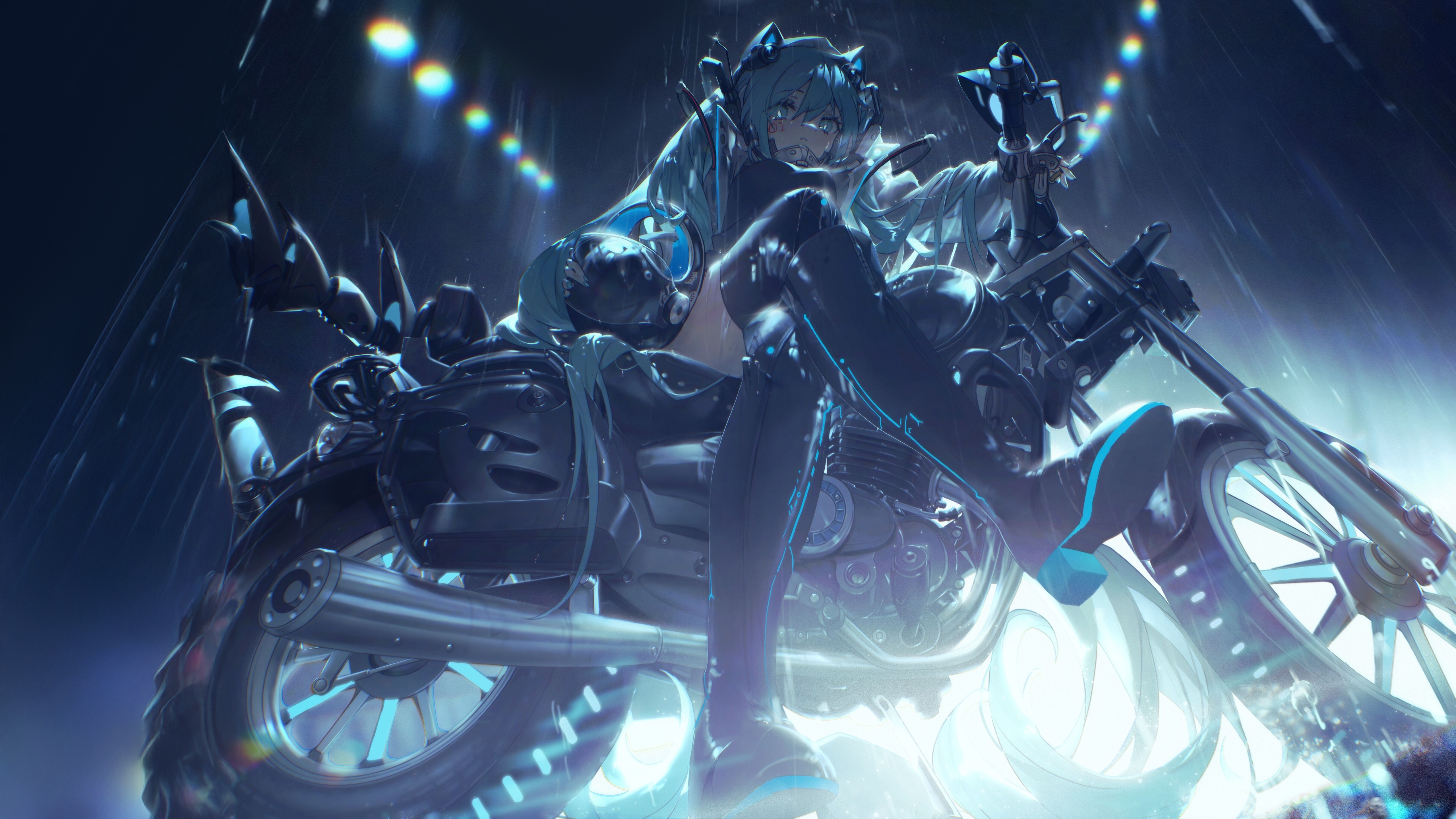 Cyberpunk girl on a motorcycle in the rain HD Wallpaper