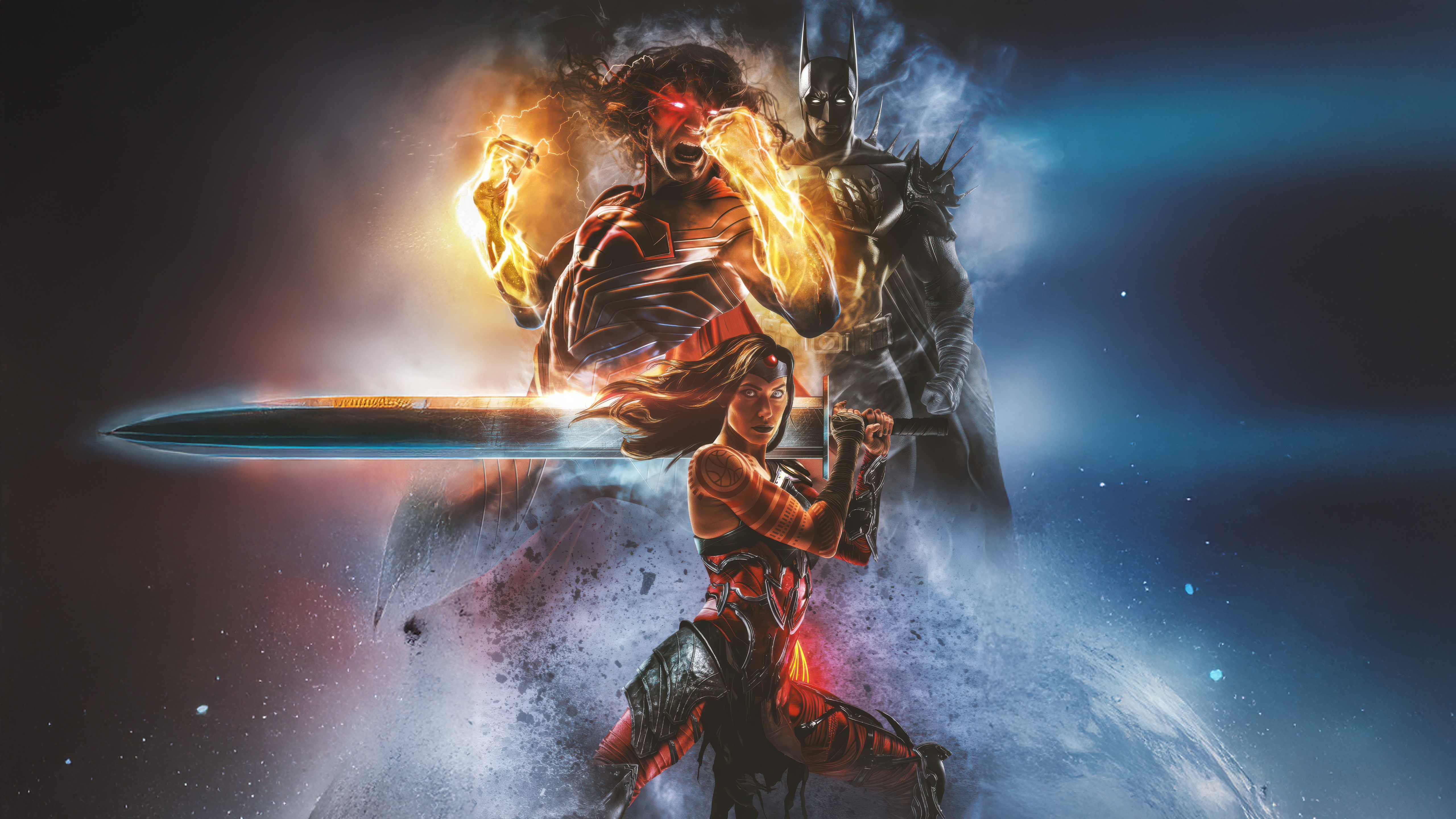 Wonder Woman, Batman, and a fiery being in battle HD Wallpaper