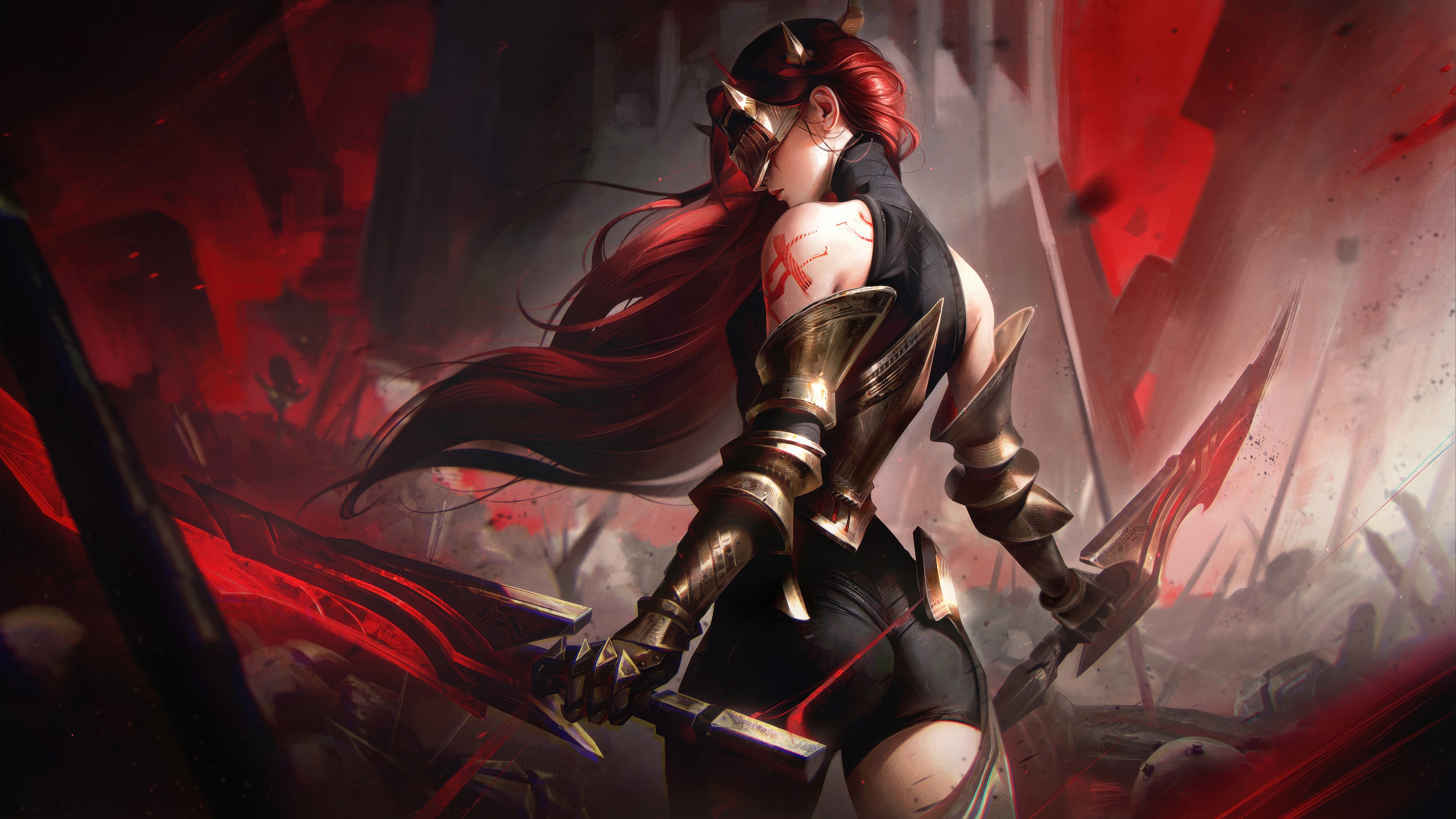 Wolf Katarina with red hair and swords HD Wallpaper
