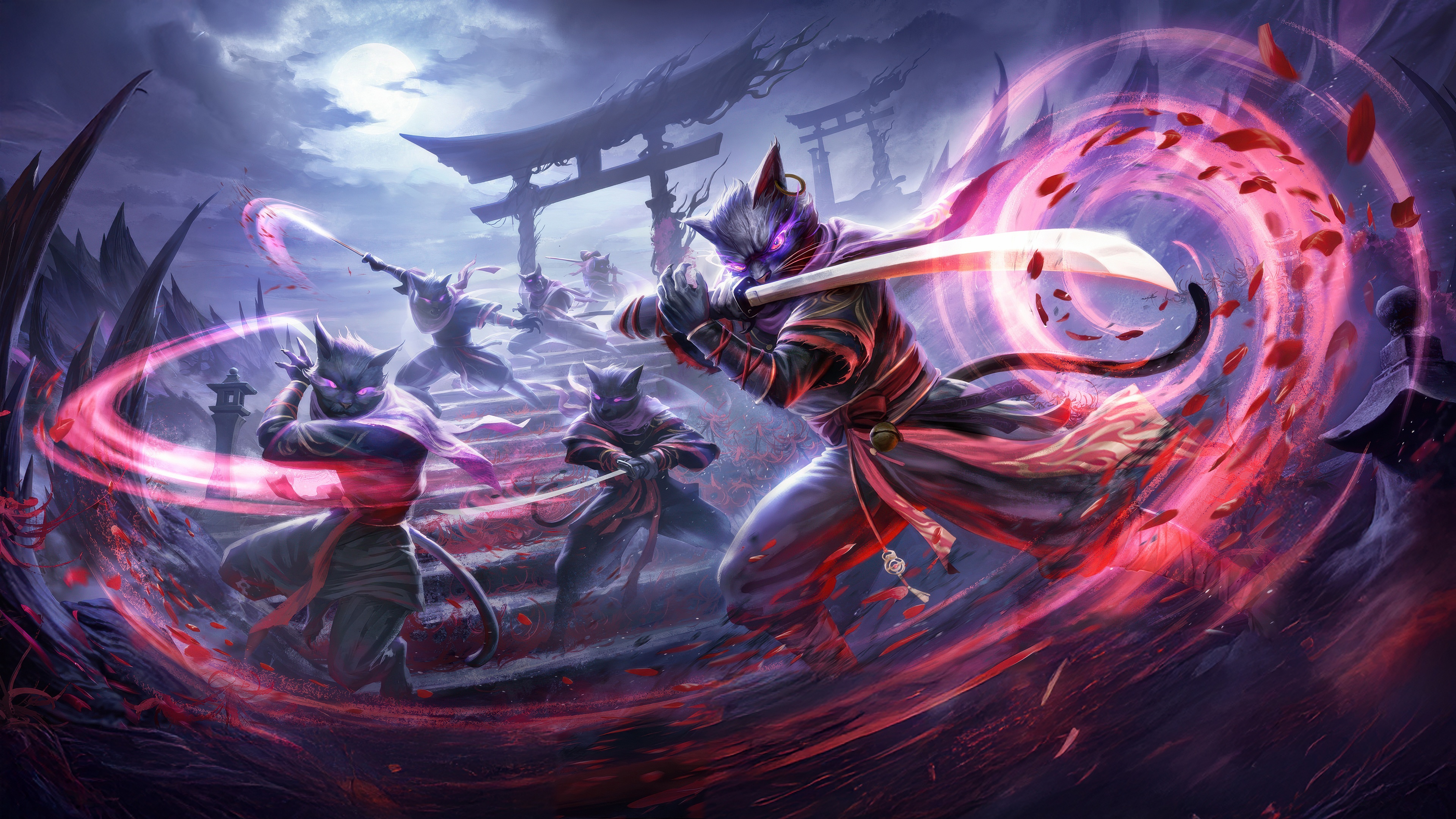 Cat ninjas with swords fighting at night HD Wallpaper