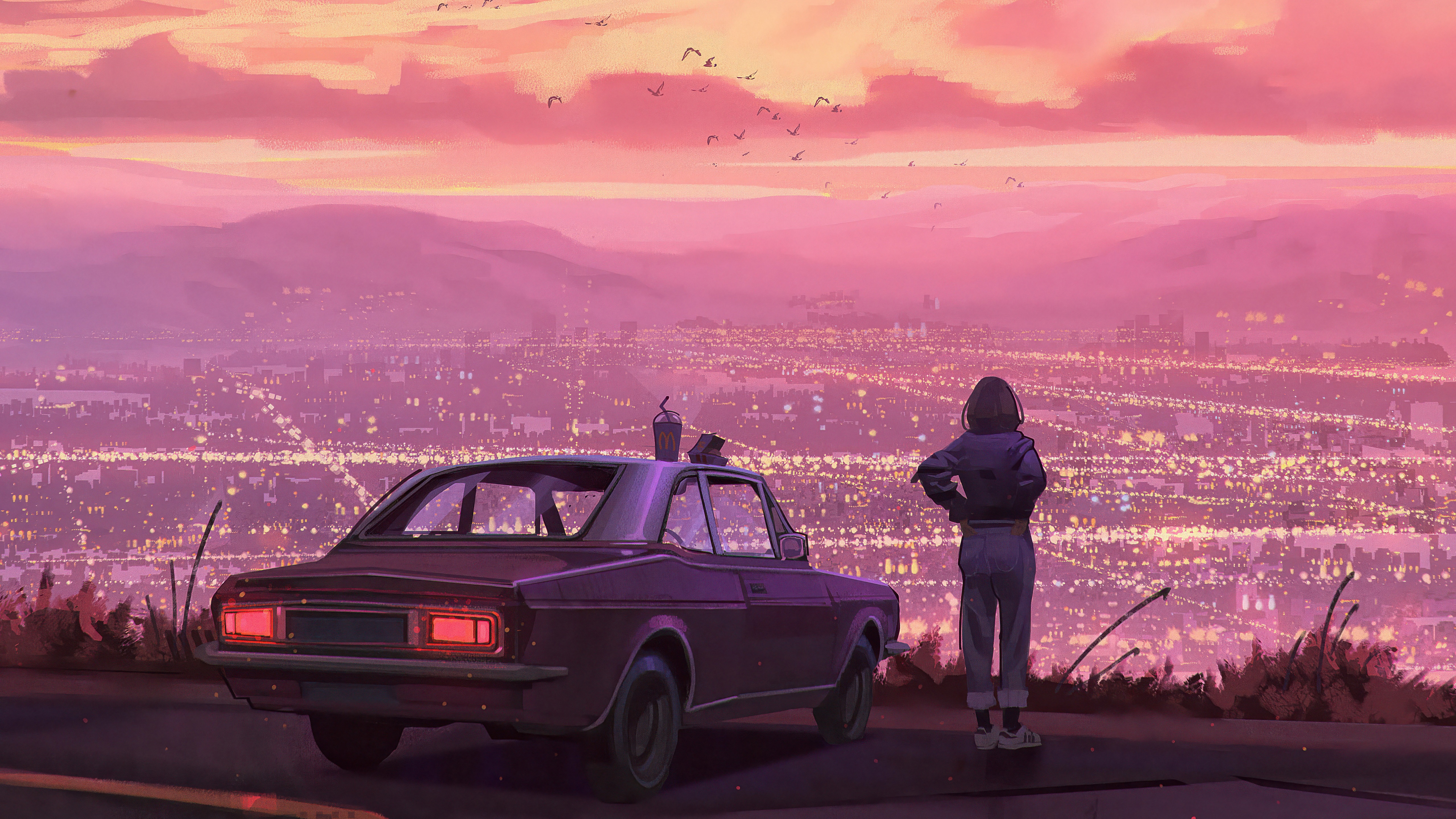 Girl and car overlooking city at sunset HD Wallpaper